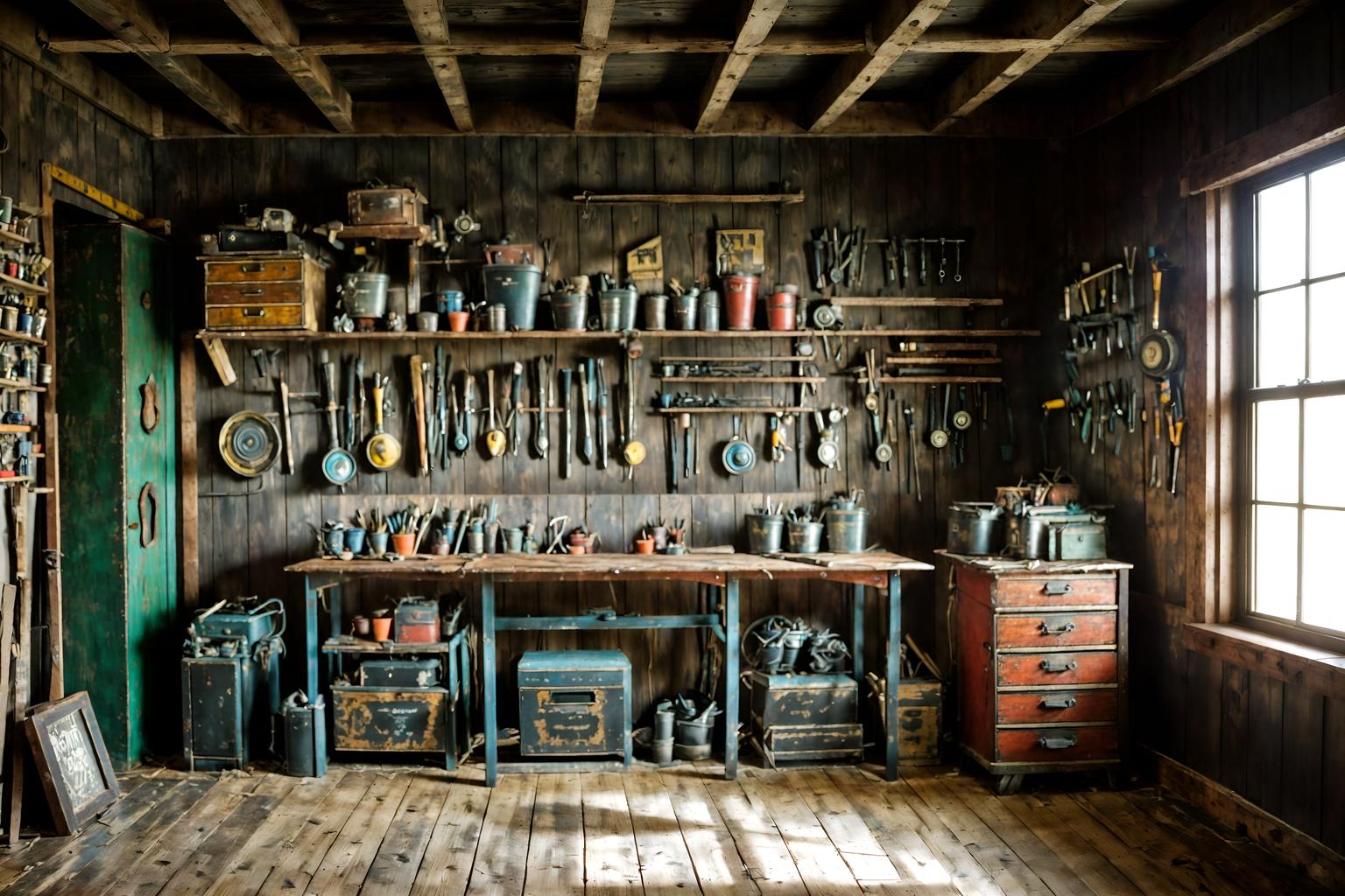 eclectic-style (workshop interior) with tool wall and messy and wooden workbench and tool wall. . . cinematic photo, highly detailed, cinematic lighting, ultra-detailed, ultrarealistic, photorealism, 8k. eclectic interior design style. masterpiece, cinematic light, ultrarealistic+, photorealistic+, 8k, raw photo, realistic, sharp focus on eyes, (symmetrical eyes), (intact eyes), hyperrealistic, highest quality, best quality, , highly detailed, masterpiece, best quality, extremely detailed 8k wallpaper, masterpiece, best quality, ultra-detailed, best shadow, detailed background, detailed face, detailed eyes, high contrast, best illumination, detailed face, dulux, caustic, dynamic angle, detailed glow. dramatic lighting. highly detailed, insanely detailed hair, symmetrical, intricate details, professionally retouched, 8k high definition. strong bokeh. award winning photo.