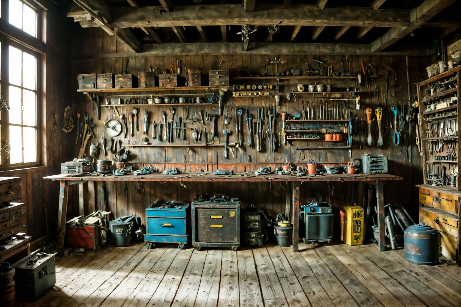 eclectic-style (workshop interior) with tool wall and messy and wooden workbench and tool wall. . . cinematic photo, highly detailed, cinematic lighting, ultra-detailed, ultrarealistic, photorealism, 8k. eclectic interior design style. masterpiece, cinematic light, ultrarealistic+, photorealistic+, 8k, raw photo, realistic, sharp focus on eyes, (symmetrical eyes), (intact eyes), hyperrealistic, highest quality, best quality, , highly detailed, masterpiece, best quality, extremely detailed 8k wallpaper, masterpiece, best quality, ultra-detailed, best shadow, detailed background, detailed face, detailed eyes, high contrast, best illumination, detailed face, dulux, caustic, dynamic angle, detailed glow. dramatic lighting. highly detailed, insanely detailed hair, symmetrical, intricate details, professionally retouched, 8k high definition. strong bokeh. award winning photo.