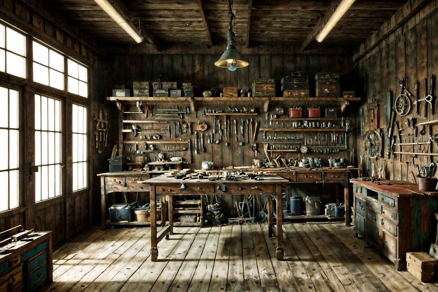 eclectic-style (workshop interior) with tool wall and messy and wooden workbench and tool wall. . . cinematic photo, highly detailed, cinematic lighting, ultra-detailed, ultrarealistic, photorealism, 8k. eclectic interior design style. masterpiece, cinematic light, ultrarealistic+, photorealistic+, 8k, raw photo, realistic, sharp focus on eyes, (symmetrical eyes), (intact eyes), hyperrealistic, highest quality, best quality, , highly detailed, masterpiece, best quality, extremely detailed 8k wallpaper, masterpiece, best quality, ultra-detailed, best shadow, detailed background, detailed face, detailed eyes, high contrast, best illumination, detailed face, dulux, caustic, dynamic angle, detailed glow. dramatic lighting. highly detailed, insanely detailed hair, symmetrical, intricate details, professionally retouched, 8k high definition. strong bokeh. award winning photo.