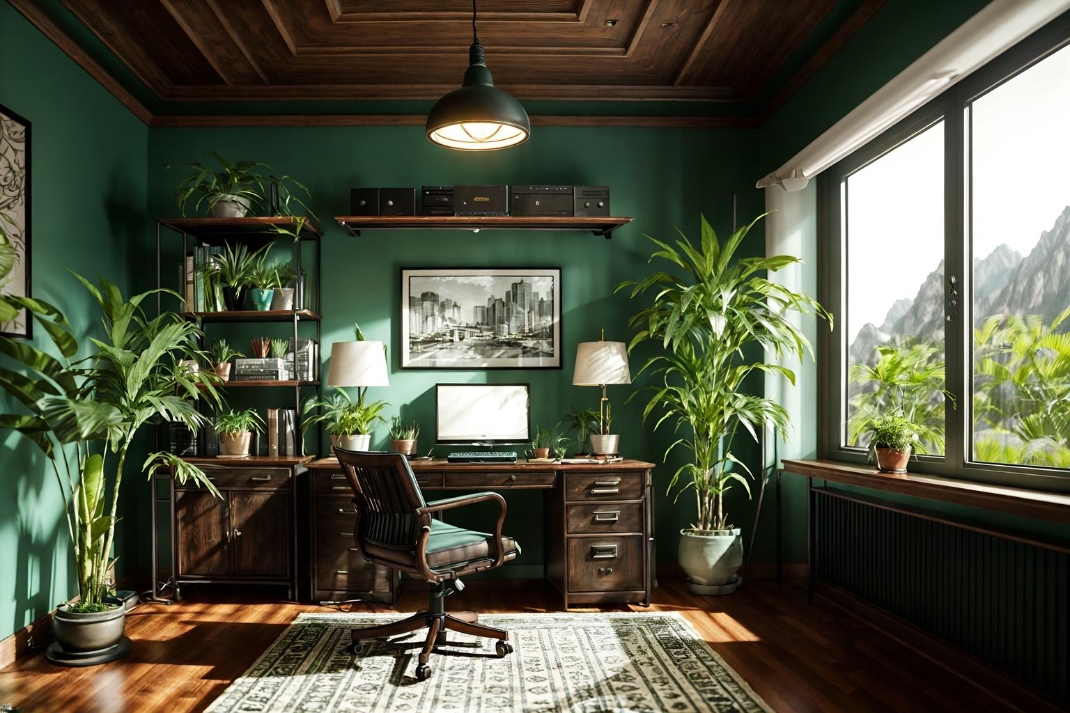 eclectic-style (home office interior) with plant and desk lamp and cabinets and computer desk and office chair and plant. . . cinematic photo, highly detailed, cinematic lighting, ultra-detailed, ultrarealistic, photorealism, 8k. eclectic interior design style. masterpiece, cinematic light, ultrarealistic+, photorealistic+, 8k, raw photo, realistic, sharp focus on eyes, (symmetrical eyes), (intact eyes), hyperrealistic, highest quality, best quality, , highly detailed, masterpiece, best quality, extremely detailed 8k wallpaper, masterpiece, best quality, ultra-detailed, best shadow, detailed background, detailed face, detailed eyes, high contrast, best illumination, detailed face, dulux, caustic, dynamic angle, detailed glow. dramatic lighting. highly detailed, insanely detailed hair, symmetrical, intricate details, professionally retouched, 8k high definition. strong bokeh. award winning photo.