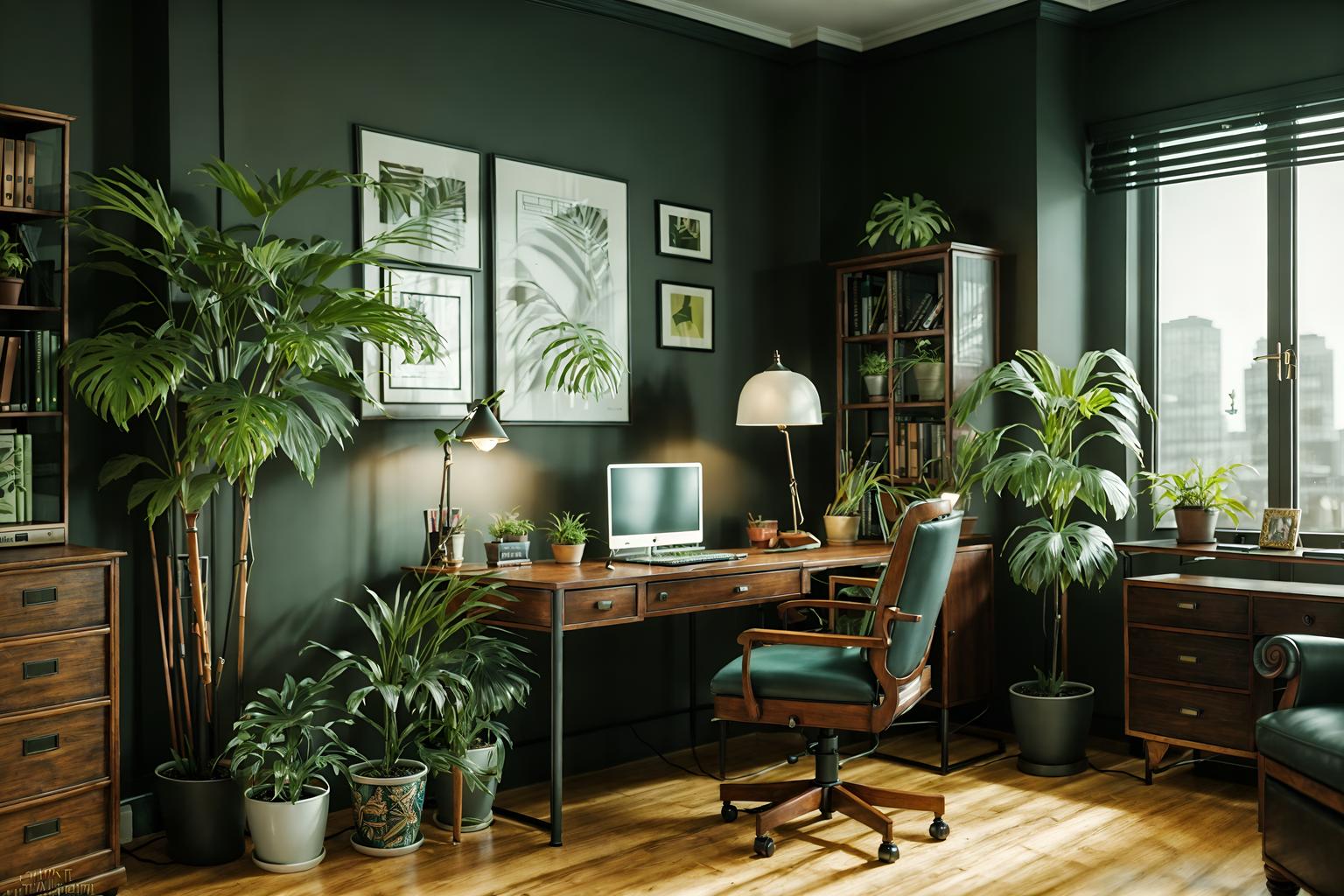 eclectic-style (home office interior) with plant and desk lamp and cabinets and computer desk and office chair and plant. . . cinematic photo, highly detailed, cinematic lighting, ultra-detailed, ultrarealistic, photorealism, 8k. eclectic interior design style. masterpiece, cinematic light, ultrarealistic+, photorealistic+, 8k, raw photo, realistic, sharp focus on eyes, (symmetrical eyes), (intact eyes), hyperrealistic, highest quality, best quality, , highly detailed, masterpiece, best quality, extremely detailed 8k wallpaper, masterpiece, best quality, ultra-detailed, best shadow, detailed background, detailed face, detailed eyes, high contrast, best illumination, detailed face, dulux, caustic, dynamic angle, detailed glow. dramatic lighting. highly detailed, insanely detailed hair, symmetrical, intricate details, professionally retouched, 8k high definition. strong bokeh. award winning photo.