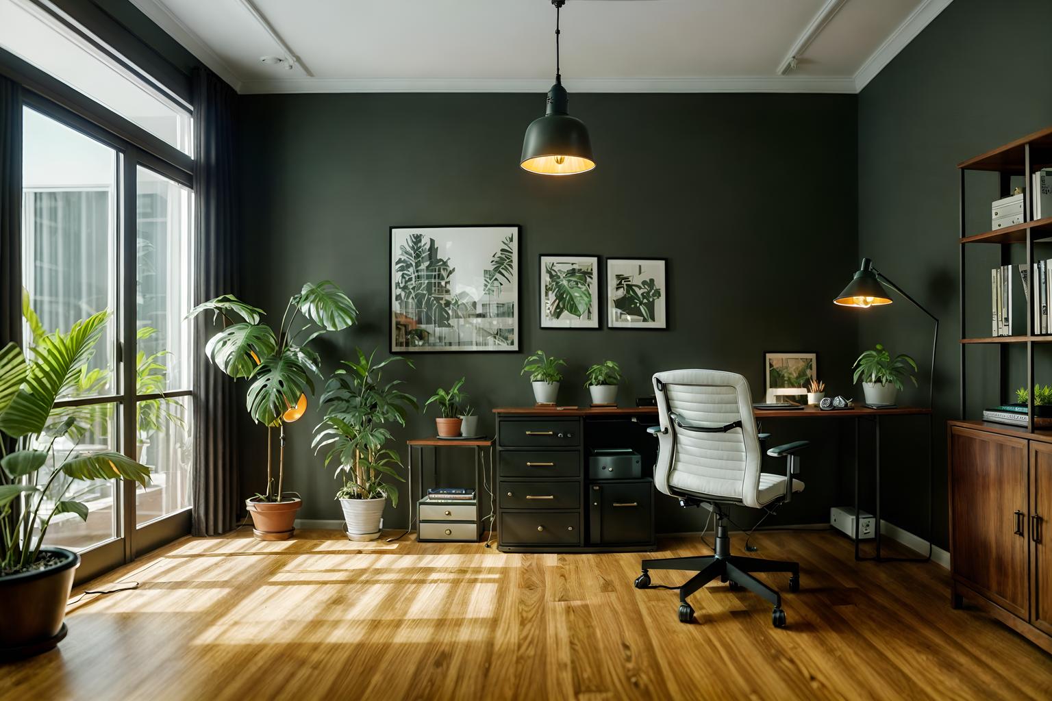 eclectic-style (home office interior) with plant and desk lamp and cabinets and computer desk and office chair and plant. . . cinematic photo, highly detailed, cinematic lighting, ultra-detailed, ultrarealistic, photorealism, 8k. eclectic interior design style. masterpiece, cinematic light, ultrarealistic+, photorealistic+, 8k, raw photo, realistic, sharp focus on eyes, (symmetrical eyes), (intact eyes), hyperrealistic, highest quality, best quality, , highly detailed, masterpiece, best quality, extremely detailed 8k wallpaper, masterpiece, best quality, ultra-detailed, best shadow, detailed background, detailed face, detailed eyes, high contrast, best illumination, detailed face, dulux, caustic, dynamic angle, detailed glow. dramatic lighting. highly detailed, insanely detailed hair, symmetrical, intricate details, professionally retouched, 8k high definition. strong bokeh. award winning photo.