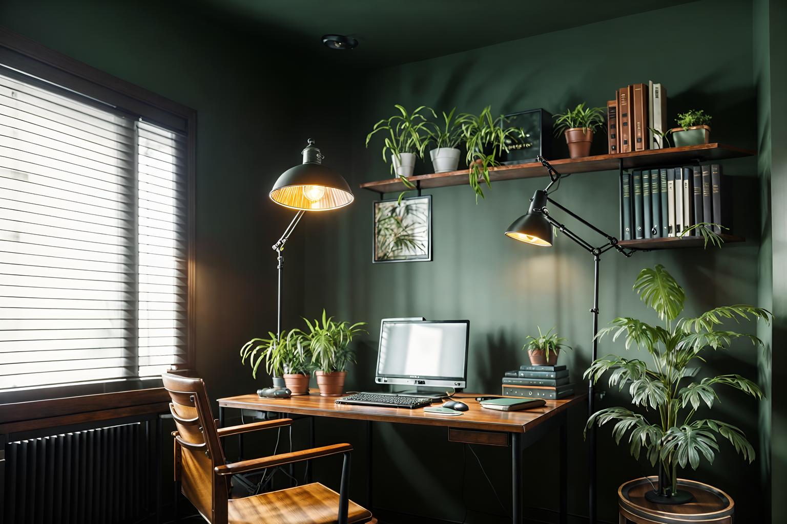 eclectic-style (home office interior) with plant and desk lamp and cabinets and computer desk and office chair and plant. . . cinematic photo, highly detailed, cinematic lighting, ultra-detailed, ultrarealistic, photorealism, 8k. eclectic interior design style. masterpiece, cinematic light, ultrarealistic+, photorealistic+, 8k, raw photo, realistic, sharp focus on eyes, (symmetrical eyes), (intact eyes), hyperrealistic, highest quality, best quality, , highly detailed, masterpiece, best quality, extremely detailed 8k wallpaper, masterpiece, best quality, ultra-detailed, best shadow, detailed background, detailed face, detailed eyes, high contrast, best illumination, detailed face, dulux, caustic, dynamic angle, detailed glow. dramatic lighting. highly detailed, insanely detailed hair, symmetrical, intricate details, professionally retouched, 8k high definition. strong bokeh. award winning photo.