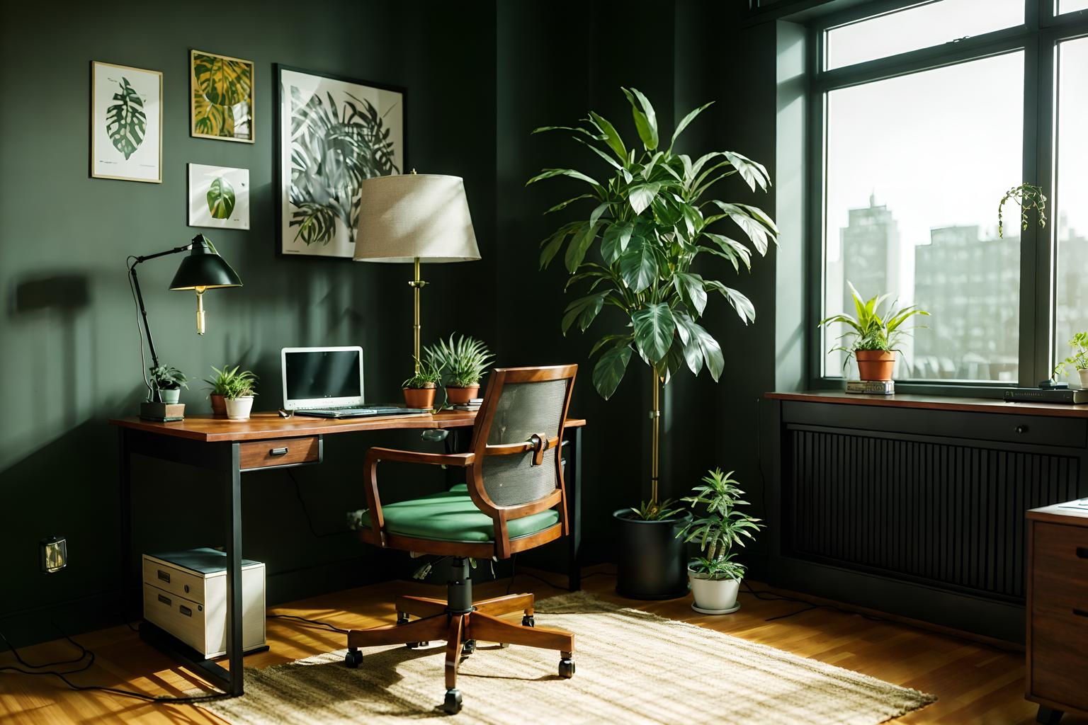 eclectic-style (home office interior) with plant and desk lamp and cabinets and computer desk and office chair and plant. . . cinematic photo, highly detailed, cinematic lighting, ultra-detailed, ultrarealistic, photorealism, 8k. eclectic interior design style. masterpiece, cinematic light, ultrarealistic+, photorealistic+, 8k, raw photo, realistic, sharp focus on eyes, (symmetrical eyes), (intact eyes), hyperrealistic, highest quality, best quality, , highly detailed, masterpiece, best quality, extremely detailed 8k wallpaper, masterpiece, best quality, ultra-detailed, best shadow, detailed background, detailed face, detailed eyes, high contrast, best illumination, detailed face, dulux, caustic, dynamic angle, detailed glow. dramatic lighting. highly detailed, insanely detailed hair, symmetrical, intricate details, professionally retouched, 8k high definition. strong bokeh. award winning photo.