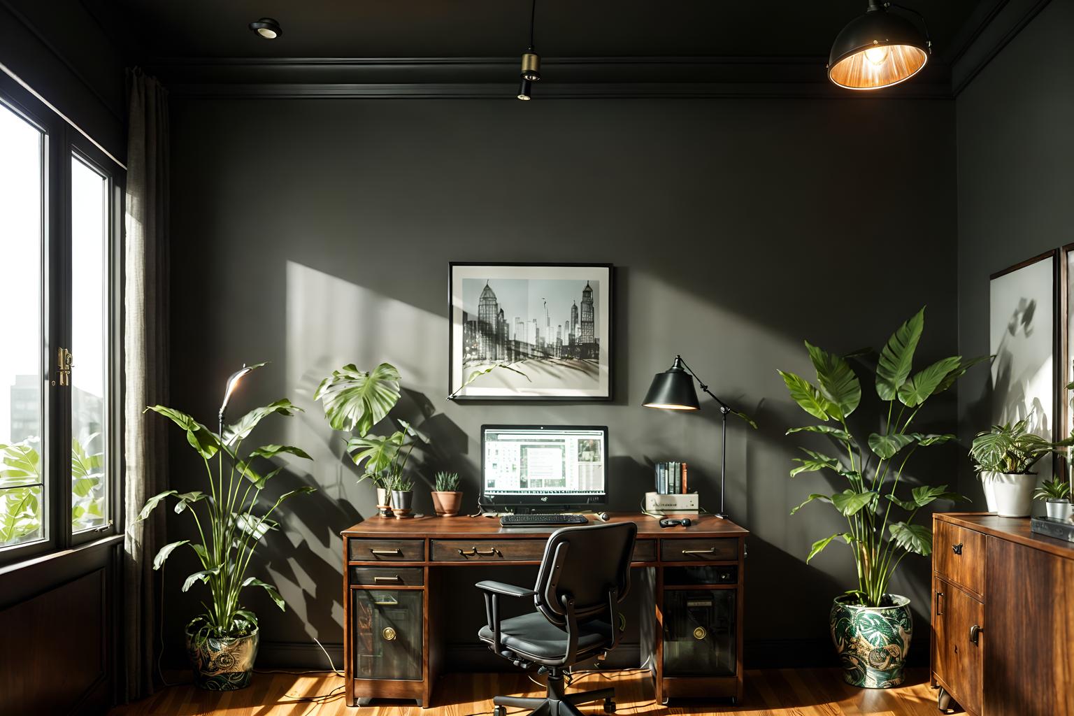 eclectic-style (home office interior) with plant and desk lamp and cabinets and computer desk and office chair and plant. . . cinematic photo, highly detailed, cinematic lighting, ultra-detailed, ultrarealistic, photorealism, 8k. eclectic interior design style. masterpiece, cinematic light, ultrarealistic+, photorealistic+, 8k, raw photo, realistic, sharp focus on eyes, (symmetrical eyes), (intact eyes), hyperrealistic, highest quality, best quality, , highly detailed, masterpiece, best quality, extremely detailed 8k wallpaper, masterpiece, best quality, ultra-detailed, best shadow, detailed background, detailed face, detailed eyes, high contrast, best illumination, detailed face, dulux, caustic, dynamic angle, detailed glow. dramatic lighting. highly detailed, insanely detailed hair, symmetrical, intricate details, professionally retouched, 8k high definition. strong bokeh. award winning photo.