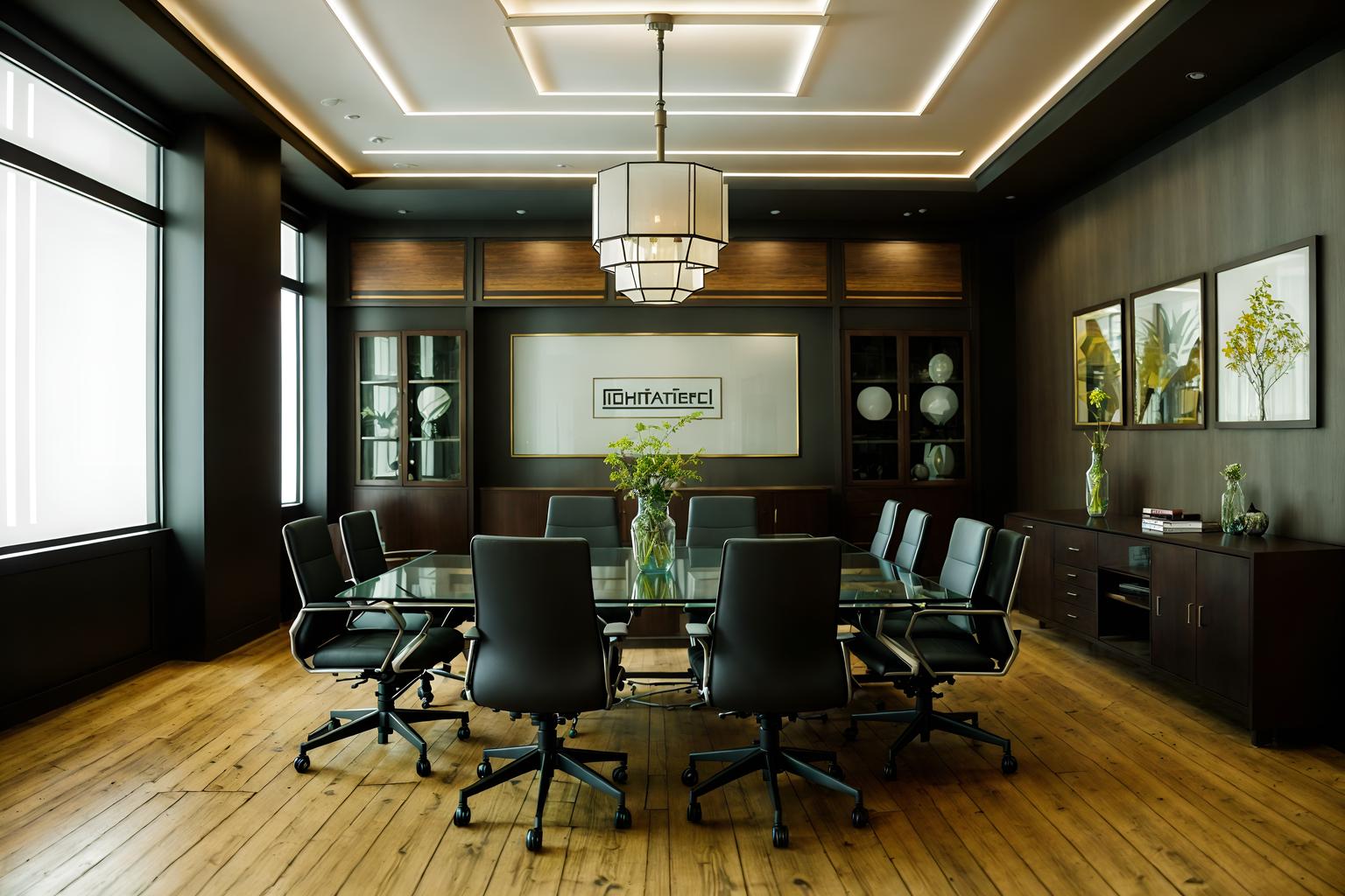 eclectic-style (meeting room interior) with office chairs and painting or photo on wall and vase and glass doors and glass walls and boardroom table and plant and cabinets. . . cinematic photo, highly detailed, cinematic lighting, ultra-detailed, ultrarealistic, photorealism, 8k. eclectic interior design style. masterpiece, cinematic light, ultrarealistic+, photorealistic+, 8k, raw photo, realistic, sharp focus on eyes, (symmetrical eyes), (intact eyes), hyperrealistic, highest quality, best quality, , highly detailed, masterpiece, best quality, extremely detailed 8k wallpaper, masterpiece, best quality, ultra-detailed, best shadow, detailed background, detailed face, detailed eyes, high contrast, best illumination, detailed face, dulux, caustic, dynamic angle, detailed glow. dramatic lighting. highly detailed, insanely detailed hair, symmetrical, intricate details, professionally retouched, 8k high definition. strong bokeh. award winning photo.