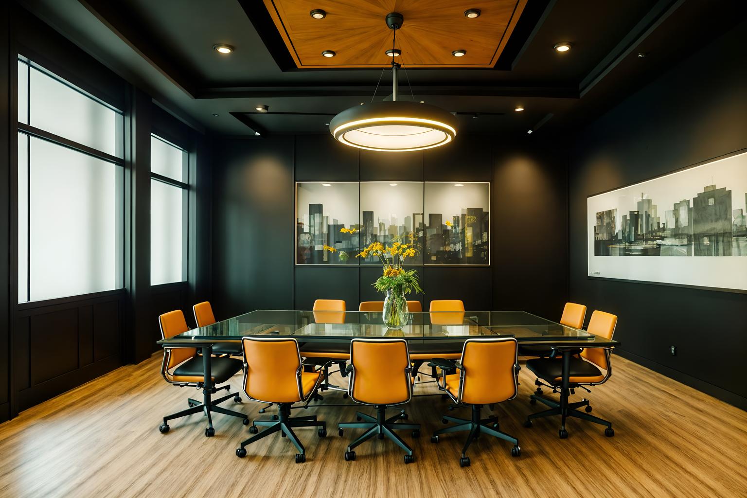 eclectic-style (meeting room interior) with office chairs and painting or photo on wall and vase and glass doors and glass walls and boardroom table and plant and cabinets. . . cinematic photo, highly detailed, cinematic lighting, ultra-detailed, ultrarealistic, photorealism, 8k. eclectic interior design style. masterpiece, cinematic light, ultrarealistic+, photorealistic+, 8k, raw photo, realistic, sharp focus on eyes, (symmetrical eyes), (intact eyes), hyperrealistic, highest quality, best quality, , highly detailed, masterpiece, best quality, extremely detailed 8k wallpaper, masterpiece, best quality, ultra-detailed, best shadow, detailed background, detailed face, detailed eyes, high contrast, best illumination, detailed face, dulux, caustic, dynamic angle, detailed glow. dramatic lighting. highly detailed, insanely detailed hair, symmetrical, intricate details, professionally retouched, 8k high definition. strong bokeh. award winning photo.