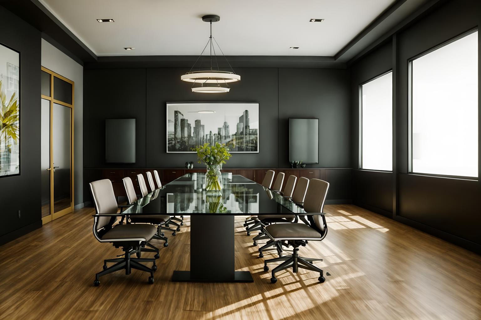 eclectic-style (meeting room interior) with office chairs and painting or photo on wall and vase and glass doors and glass walls and boardroom table and plant and cabinets. . . cinematic photo, highly detailed, cinematic lighting, ultra-detailed, ultrarealistic, photorealism, 8k. eclectic interior design style. masterpiece, cinematic light, ultrarealistic+, photorealistic+, 8k, raw photo, realistic, sharp focus on eyes, (symmetrical eyes), (intact eyes), hyperrealistic, highest quality, best quality, , highly detailed, masterpiece, best quality, extremely detailed 8k wallpaper, masterpiece, best quality, ultra-detailed, best shadow, detailed background, detailed face, detailed eyes, high contrast, best illumination, detailed face, dulux, caustic, dynamic angle, detailed glow. dramatic lighting. highly detailed, insanely detailed hair, symmetrical, intricate details, professionally retouched, 8k high definition. strong bokeh. award winning photo.