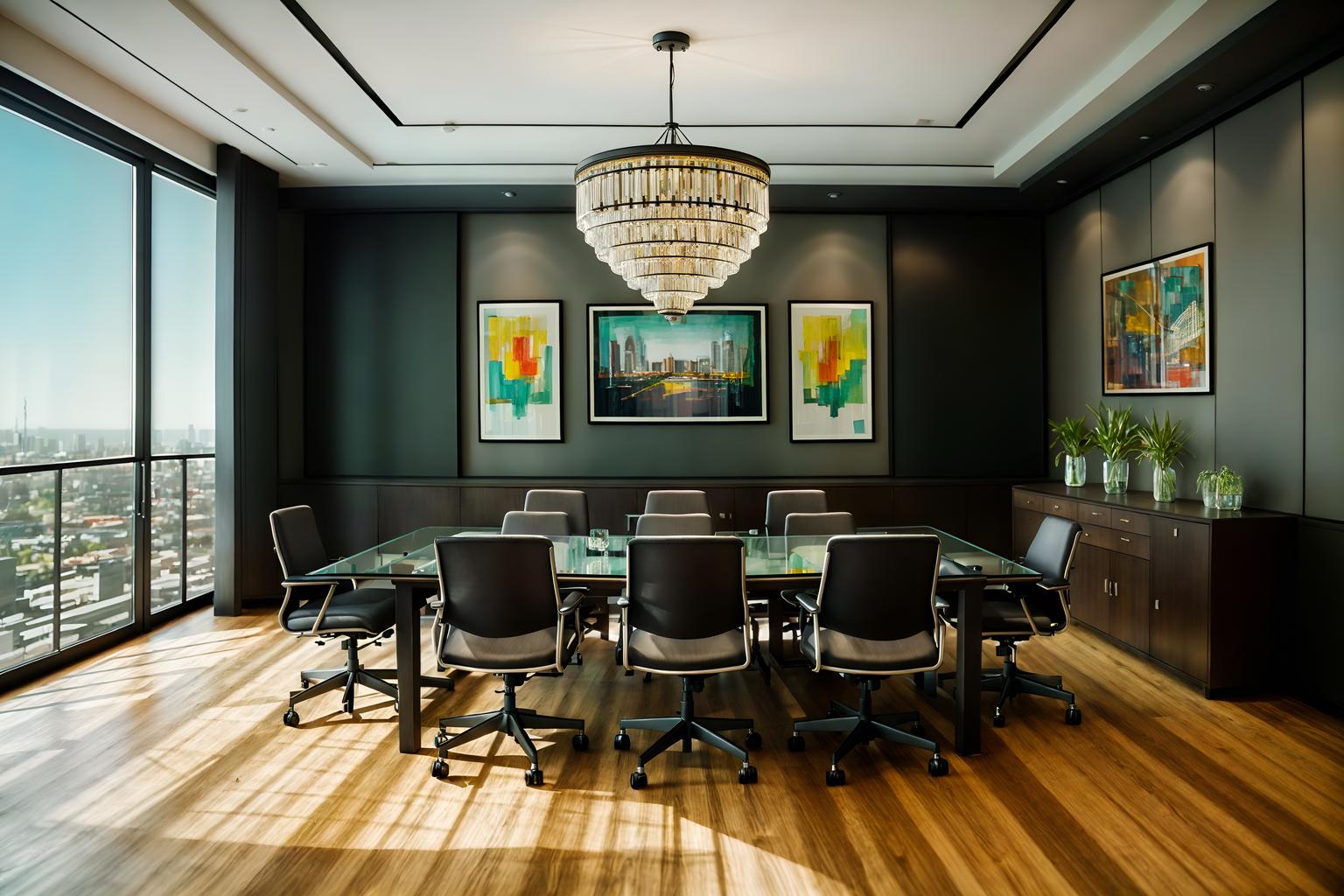 eclectic-style (meeting room interior) with office chairs and painting or photo on wall and vase and glass doors and glass walls and boardroom table and plant and cabinets. . . cinematic photo, highly detailed, cinematic lighting, ultra-detailed, ultrarealistic, photorealism, 8k. eclectic interior design style. masterpiece, cinematic light, ultrarealistic+, photorealistic+, 8k, raw photo, realistic, sharp focus on eyes, (symmetrical eyes), (intact eyes), hyperrealistic, highest quality, best quality, , highly detailed, masterpiece, best quality, extremely detailed 8k wallpaper, masterpiece, best quality, ultra-detailed, best shadow, detailed background, detailed face, detailed eyes, high contrast, best illumination, detailed face, dulux, caustic, dynamic angle, detailed glow. dramatic lighting. highly detailed, insanely detailed hair, symmetrical, intricate details, professionally retouched, 8k high definition. strong bokeh. award winning photo.