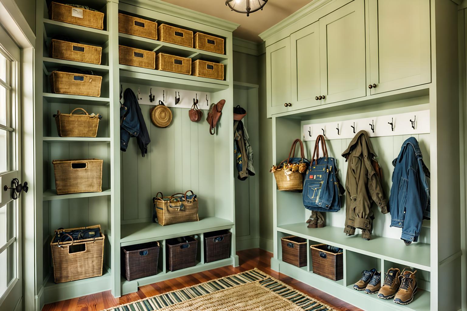 eclectic-style (mudroom interior) with storage drawers and storage baskets and shelves for shoes and wall hooks for coats and a bench and high up storage and cabinets and cubbies. . . cinematic photo, highly detailed, cinematic lighting, ultra-detailed, ultrarealistic, photorealism, 8k. eclectic interior design style. masterpiece, cinematic light, ultrarealistic+, photorealistic+, 8k, raw photo, realistic, sharp focus on eyes, (symmetrical eyes), (intact eyes), hyperrealistic, highest quality, best quality, , highly detailed, masterpiece, best quality, extremely detailed 8k wallpaper, masterpiece, best quality, ultra-detailed, best shadow, detailed background, detailed face, detailed eyes, high contrast, best illumination, detailed face, dulux, caustic, dynamic angle, detailed glow. dramatic lighting. highly detailed, insanely detailed hair, symmetrical, intricate details, professionally retouched, 8k high definition. strong bokeh. award winning photo.