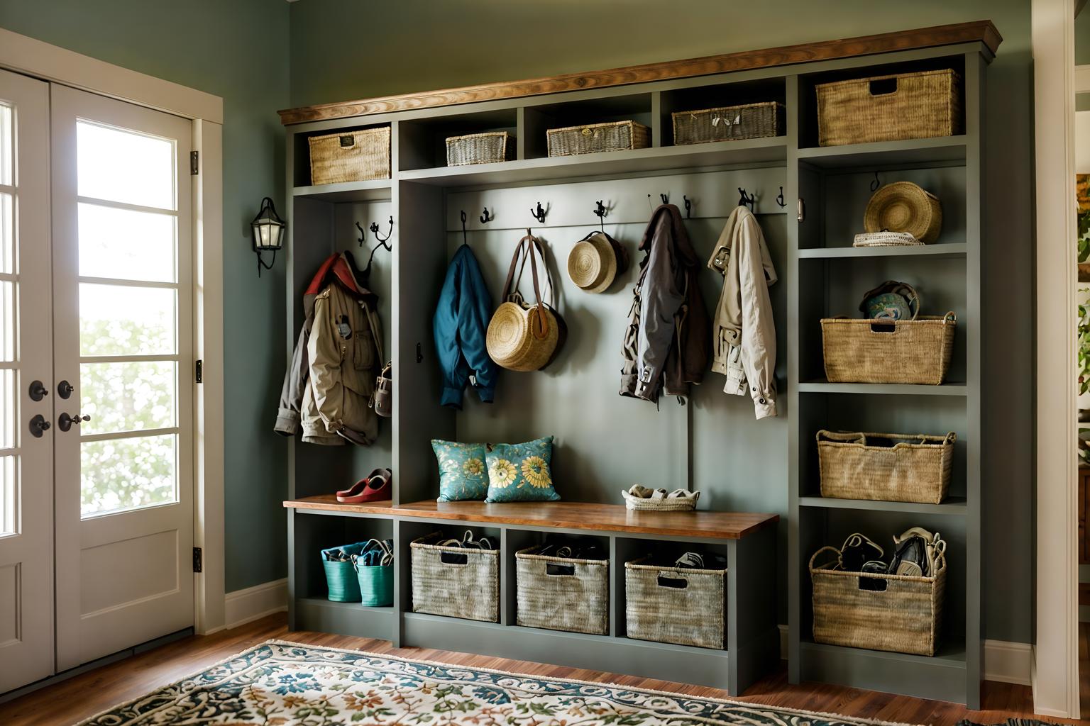 eclectic-style (mudroom interior) with storage drawers and storage baskets and shelves for shoes and wall hooks for coats and a bench and high up storage and cabinets and cubbies. . . cinematic photo, highly detailed, cinematic lighting, ultra-detailed, ultrarealistic, photorealism, 8k. eclectic interior design style. masterpiece, cinematic light, ultrarealistic+, photorealistic+, 8k, raw photo, realistic, sharp focus on eyes, (symmetrical eyes), (intact eyes), hyperrealistic, highest quality, best quality, , highly detailed, masterpiece, best quality, extremely detailed 8k wallpaper, masterpiece, best quality, ultra-detailed, best shadow, detailed background, detailed face, detailed eyes, high contrast, best illumination, detailed face, dulux, caustic, dynamic angle, detailed glow. dramatic lighting. highly detailed, insanely detailed hair, symmetrical, intricate details, professionally retouched, 8k high definition. strong bokeh. award winning photo.