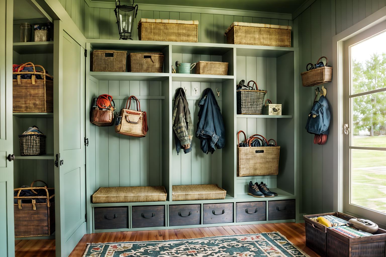 eclectic-style (mudroom interior) with storage drawers and storage baskets and shelves for shoes and wall hooks for coats and a bench and high up storage and cabinets and cubbies. . . cinematic photo, highly detailed, cinematic lighting, ultra-detailed, ultrarealistic, photorealism, 8k. eclectic interior design style. masterpiece, cinematic light, ultrarealistic+, photorealistic+, 8k, raw photo, realistic, sharp focus on eyes, (symmetrical eyes), (intact eyes), hyperrealistic, highest quality, best quality, , highly detailed, masterpiece, best quality, extremely detailed 8k wallpaper, masterpiece, best quality, ultra-detailed, best shadow, detailed background, detailed face, detailed eyes, high contrast, best illumination, detailed face, dulux, caustic, dynamic angle, detailed glow. dramatic lighting. highly detailed, insanely detailed hair, symmetrical, intricate details, professionally retouched, 8k high definition. strong bokeh. award winning photo.