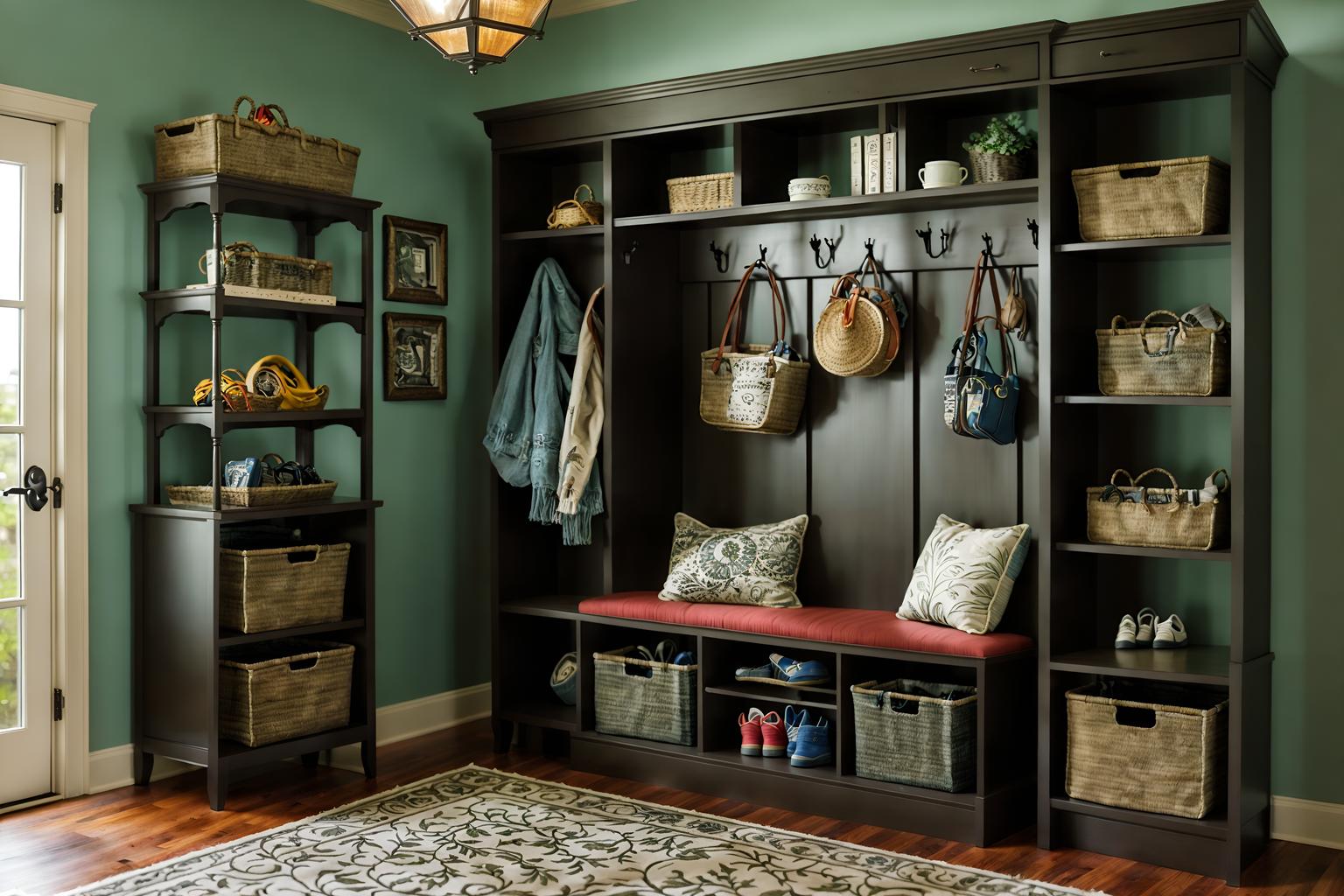 eclectic-style (mudroom interior) with storage drawers and storage baskets and shelves for shoes and wall hooks for coats and a bench and high up storage and cabinets and cubbies. . . cinematic photo, highly detailed, cinematic lighting, ultra-detailed, ultrarealistic, photorealism, 8k. eclectic interior design style. masterpiece, cinematic light, ultrarealistic+, photorealistic+, 8k, raw photo, realistic, sharp focus on eyes, (symmetrical eyes), (intact eyes), hyperrealistic, highest quality, best quality, , highly detailed, masterpiece, best quality, extremely detailed 8k wallpaper, masterpiece, best quality, ultra-detailed, best shadow, detailed background, detailed face, detailed eyes, high contrast, best illumination, detailed face, dulux, caustic, dynamic angle, detailed glow. dramatic lighting. highly detailed, insanely detailed hair, symmetrical, intricate details, professionally retouched, 8k high definition. strong bokeh. award winning photo.