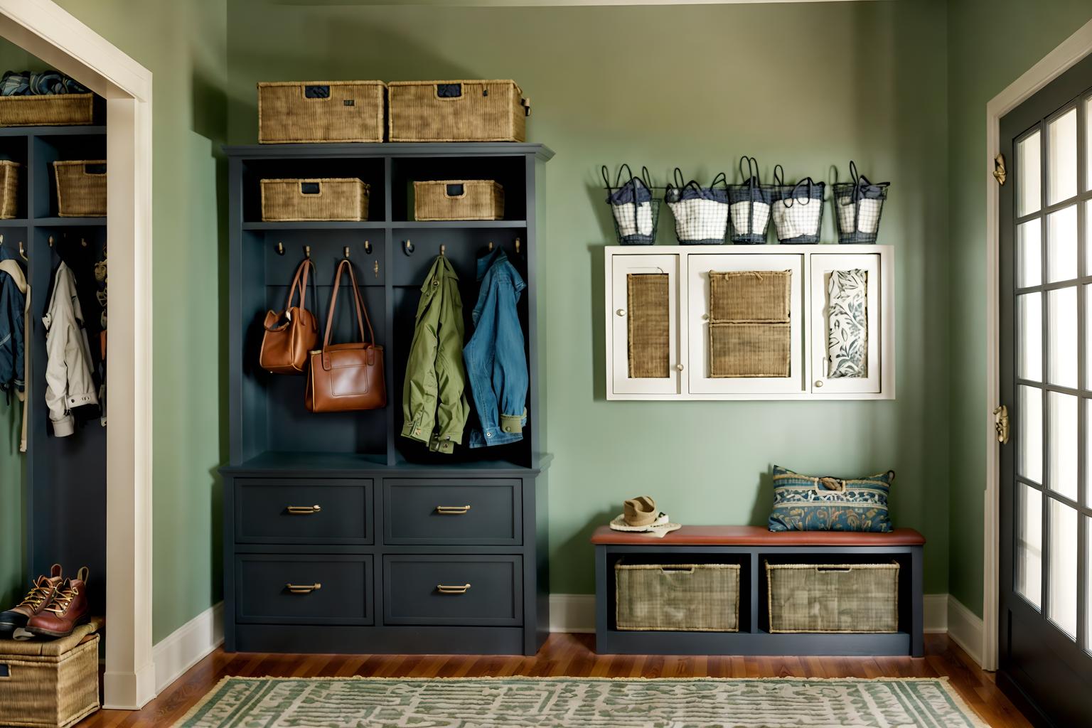 eclectic-style (mudroom interior) with storage drawers and storage baskets and shelves for shoes and wall hooks for coats and a bench and high up storage and cabinets and cubbies. . . cinematic photo, highly detailed, cinematic lighting, ultra-detailed, ultrarealistic, photorealism, 8k. eclectic interior design style. masterpiece, cinematic light, ultrarealistic+, photorealistic+, 8k, raw photo, realistic, sharp focus on eyes, (symmetrical eyes), (intact eyes), hyperrealistic, highest quality, best quality, , highly detailed, masterpiece, best quality, extremely detailed 8k wallpaper, masterpiece, best quality, ultra-detailed, best shadow, detailed background, detailed face, detailed eyes, high contrast, best illumination, detailed face, dulux, caustic, dynamic angle, detailed glow. dramatic lighting. highly detailed, insanely detailed hair, symmetrical, intricate details, professionally retouched, 8k high definition. strong bokeh. award winning photo.