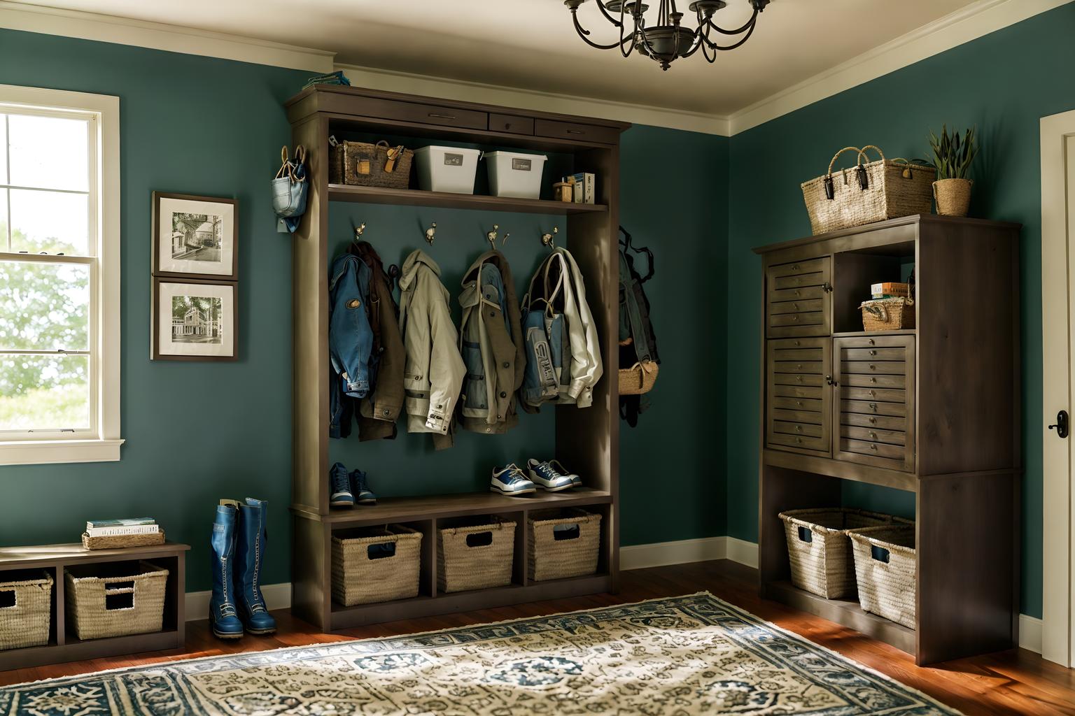 eclectic-style (mudroom interior) with storage drawers and storage baskets and shelves for shoes and wall hooks for coats and a bench and high up storage and cabinets and cubbies. . . cinematic photo, highly detailed, cinematic lighting, ultra-detailed, ultrarealistic, photorealism, 8k. eclectic interior design style. masterpiece, cinematic light, ultrarealistic+, photorealistic+, 8k, raw photo, realistic, sharp focus on eyes, (symmetrical eyes), (intact eyes), hyperrealistic, highest quality, best quality, , highly detailed, masterpiece, best quality, extremely detailed 8k wallpaper, masterpiece, best quality, ultra-detailed, best shadow, detailed background, detailed face, detailed eyes, high contrast, best illumination, detailed face, dulux, caustic, dynamic angle, detailed glow. dramatic lighting. highly detailed, insanely detailed hair, symmetrical, intricate details, professionally retouched, 8k high definition. strong bokeh. award winning photo.