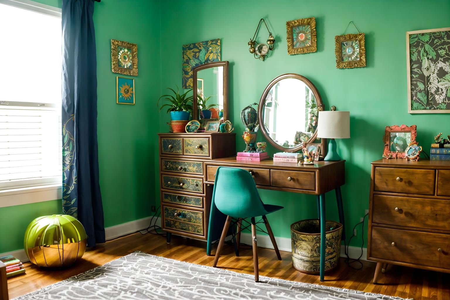 eclectic-style (kids room interior) with kids desk and bedside table or night stand and accent chair and headboard and bed and dresser closet and plant and mirror. . . cinematic photo, highly detailed, cinematic lighting, ultra-detailed, ultrarealistic, photorealism, 8k. eclectic interior design style. masterpiece, cinematic light, ultrarealistic+, photorealistic+, 8k, raw photo, realistic, sharp focus on eyes, (symmetrical eyes), (intact eyes), hyperrealistic, highest quality, best quality, , highly detailed, masterpiece, best quality, extremely detailed 8k wallpaper, masterpiece, best quality, ultra-detailed, best shadow, detailed background, detailed face, detailed eyes, high contrast, best illumination, detailed face, dulux, caustic, dynamic angle, detailed glow. dramatic lighting. highly detailed, insanely detailed hair, symmetrical, intricate details, professionally retouched, 8k high definition. strong bokeh. award winning photo.