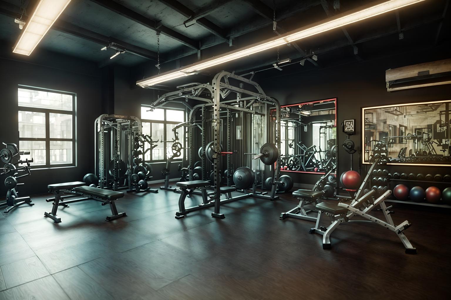 eclectic-style (fitness gym interior) with squat rack and crosstrainer and exercise bicycle and bench press and dumbbell stand and squat rack. . . cinematic photo, highly detailed, cinematic lighting, ultra-detailed, ultrarealistic, photorealism, 8k. eclectic interior design style. masterpiece, cinematic light, ultrarealistic+, photorealistic+, 8k, raw photo, realistic, sharp focus on eyes, (symmetrical eyes), (intact eyes), hyperrealistic, highest quality, best quality, , highly detailed, masterpiece, best quality, extremely detailed 8k wallpaper, masterpiece, best quality, ultra-detailed, best shadow, detailed background, detailed face, detailed eyes, high contrast, best illumination, detailed face, dulux, caustic, dynamic angle, detailed glow. dramatic lighting. highly detailed, insanely detailed hair, symmetrical, intricate details, professionally retouched, 8k high definition. strong bokeh. award winning photo.