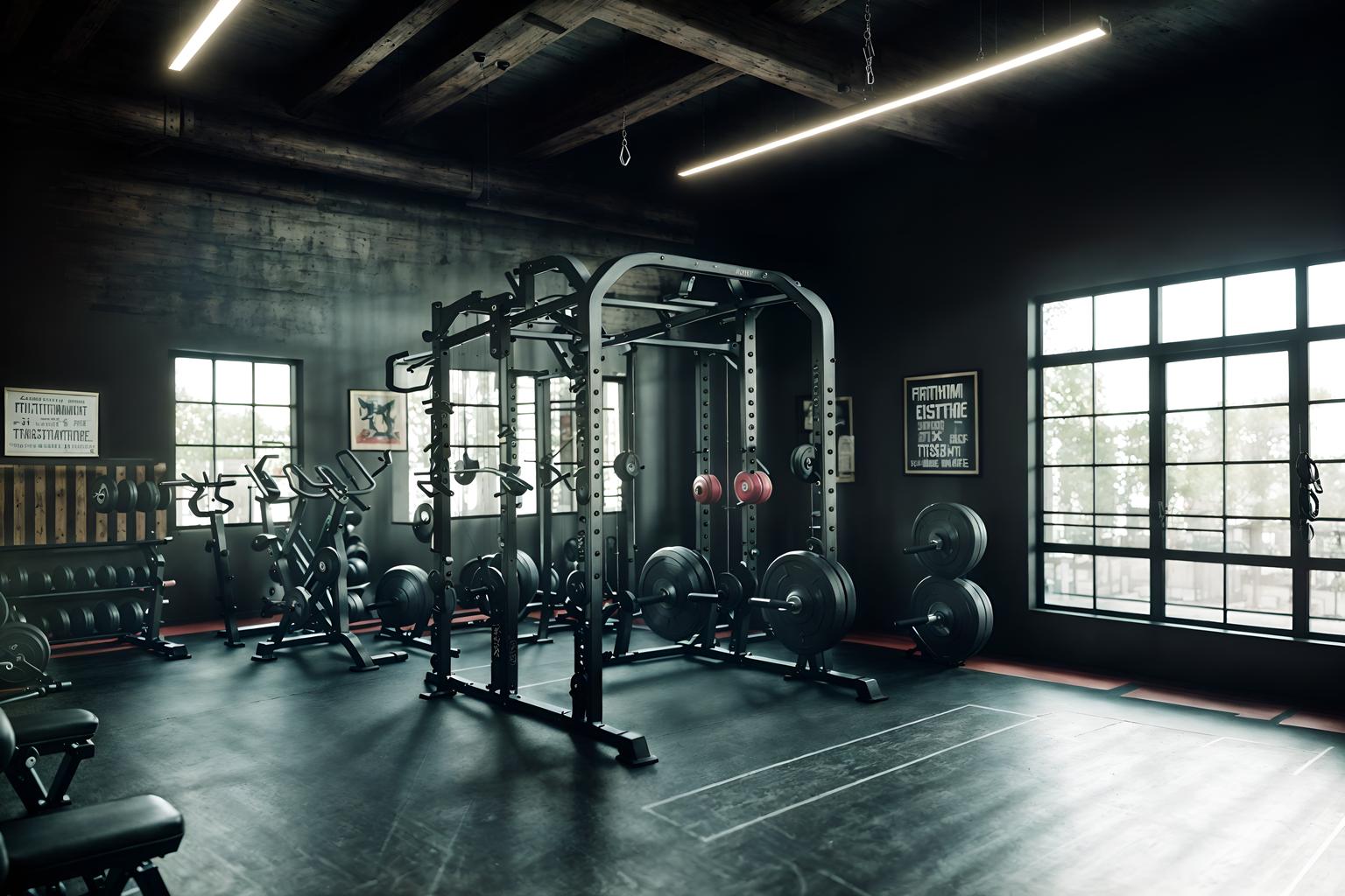 eclectic-style (fitness gym interior) with squat rack and crosstrainer and exercise bicycle and bench press and dumbbell stand and squat rack. . . cinematic photo, highly detailed, cinematic lighting, ultra-detailed, ultrarealistic, photorealism, 8k. eclectic interior design style. masterpiece, cinematic light, ultrarealistic+, photorealistic+, 8k, raw photo, realistic, sharp focus on eyes, (symmetrical eyes), (intact eyes), hyperrealistic, highest quality, best quality, , highly detailed, masterpiece, best quality, extremely detailed 8k wallpaper, masterpiece, best quality, ultra-detailed, best shadow, detailed background, detailed face, detailed eyes, high contrast, best illumination, detailed face, dulux, caustic, dynamic angle, detailed glow. dramatic lighting. highly detailed, insanely detailed hair, symmetrical, intricate details, professionally retouched, 8k high definition. strong bokeh. award winning photo.