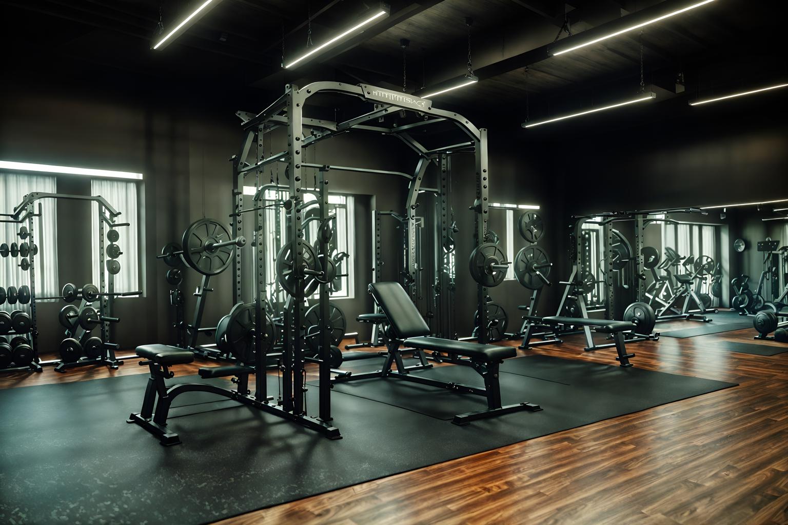 eclectic-style (fitness gym interior) with squat rack and crosstrainer and exercise bicycle and bench press and dumbbell stand and squat rack. . . cinematic photo, highly detailed, cinematic lighting, ultra-detailed, ultrarealistic, photorealism, 8k. eclectic interior design style. masterpiece, cinematic light, ultrarealistic+, photorealistic+, 8k, raw photo, realistic, sharp focus on eyes, (symmetrical eyes), (intact eyes), hyperrealistic, highest quality, best quality, , highly detailed, masterpiece, best quality, extremely detailed 8k wallpaper, masterpiece, best quality, ultra-detailed, best shadow, detailed background, detailed face, detailed eyes, high contrast, best illumination, detailed face, dulux, caustic, dynamic angle, detailed glow. dramatic lighting. highly detailed, insanely detailed hair, symmetrical, intricate details, professionally retouched, 8k high definition. strong bokeh. award winning photo.