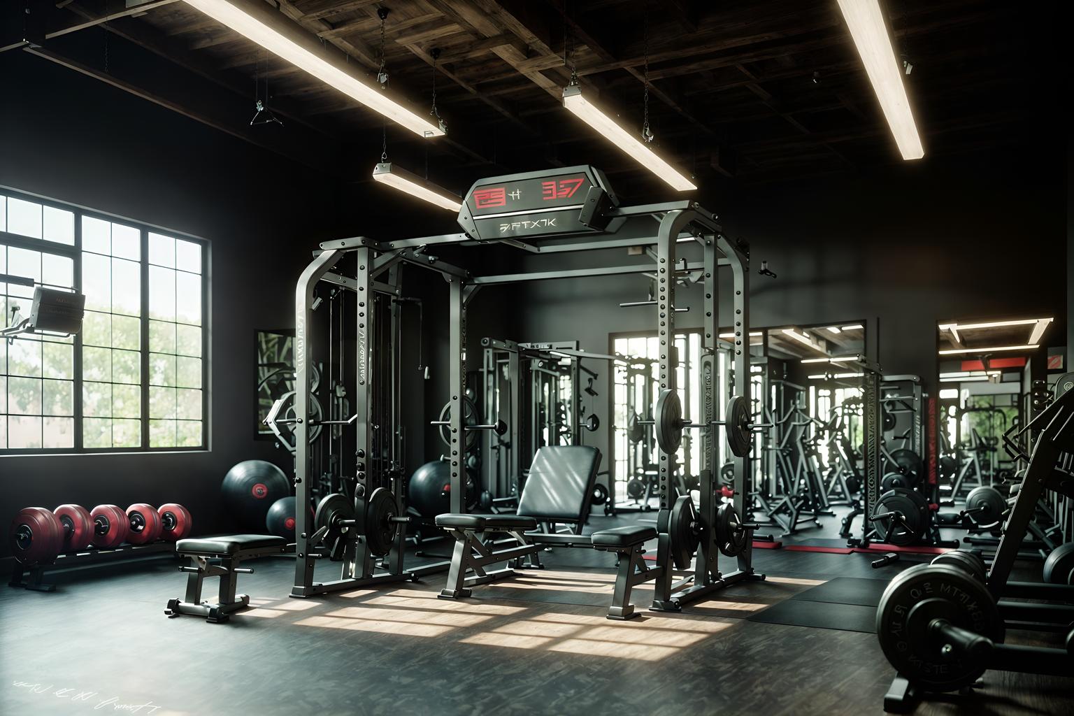 eclectic-style (fitness gym interior) with squat rack and crosstrainer and exercise bicycle and bench press and dumbbell stand and squat rack. . . cinematic photo, highly detailed, cinematic lighting, ultra-detailed, ultrarealistic, photorealism, 8k. eclectic interior design style. masterpiece, cinematic light, ultrarealistic+, photorealistic+, 8k, raw photo, realistic, sharp focus on eyes, (symmetrical eyes), (intact eyes), hyperrealistic, highest quality, best quality, , highly detailed, masterpiece, best quality, extremely detailed 8k wallpaper, masterpiece, best quality, ultra-detailed, best shadow, detailed background, detailed face, detailed eyes, high contrast, best illumination, detailed face, dulux, caustic, dynamic angle, detailed glow. dramatic lighting. highly detailed, insanely detailed hair, symmetrical, intricate details, professionally retouched, 8k high definition. strong bokeh. award winning photo.