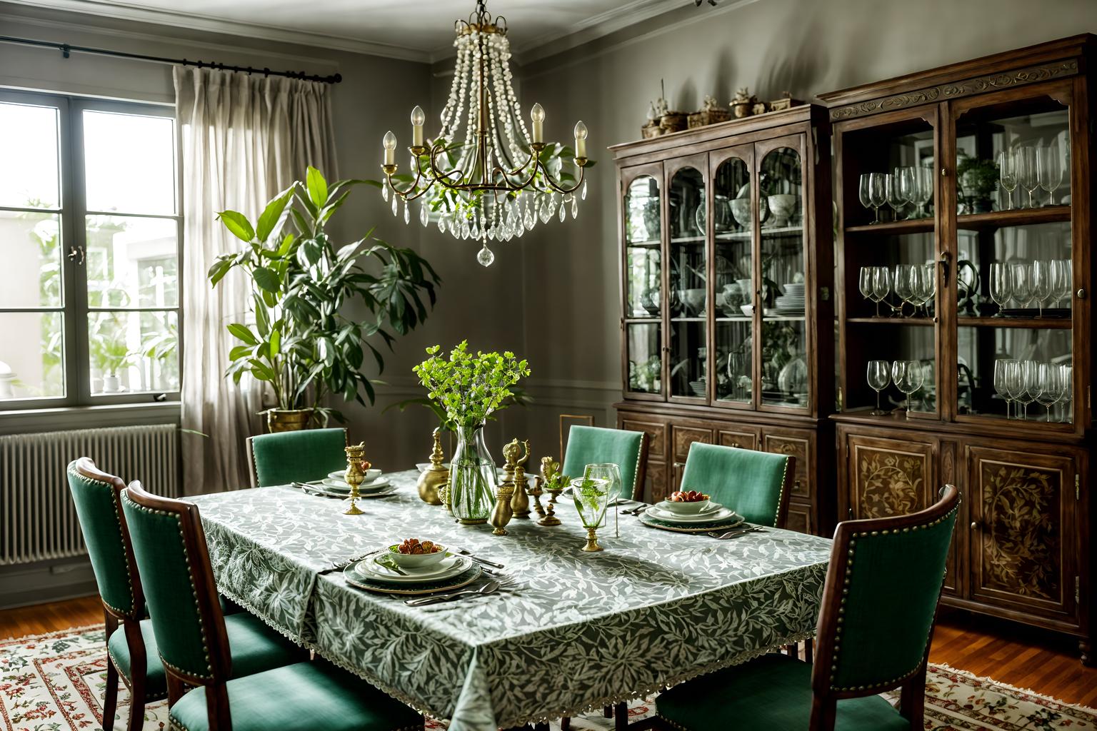 eclectic-style (dining room interior) with plant and light or chandelier and bookshelves and plates, cutlery and glasses on dining table and vase and dining table chairs and dining table and table cloth. . . cinematic photo, highly detailed, cinematic lighting, ultra-detailed, ultrarealistic, photorealism, 8k. eclectic interior design style. masterpiece, cinematic light, ultrarealistic+, photorealistic+, 8k, raw photo, realistic, sharp focus on eyes, (symmetrical eyes), (intact eyes), hyperrealistic, highest quality, best quality, , highly detailed, masterpiece, best quality, extremely detailed 8k wallpaper, masterpiece, best quality, ultra-detailed, best shadow, detailed background, detailed face, detailed eyes, high contrast, best illumination, detailed face, dulux, caustic, dynamic angle, detailed glow. dramatic lighting. highly detailed, insanely detailed hair, symmetrical, intricate details, professionally retouched, 8k high definition. strong bokeh. award winning photo.