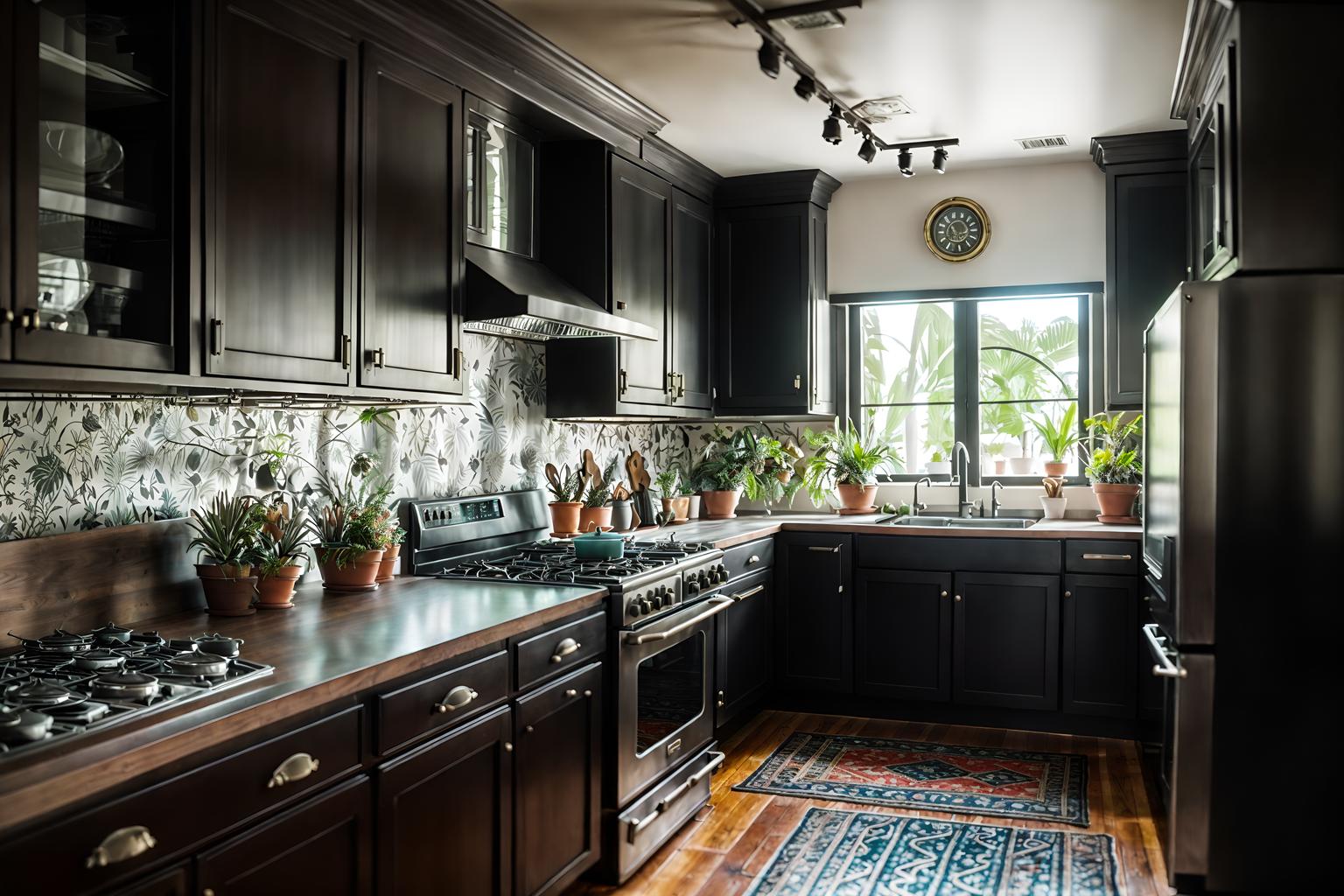 eclectic-style (kitchen interior) with refrigerator and sink and kitchen cabinets and stove and worktops and plant and refrigerator. . . cinematic photo, highly detailed, cinematic lighting, ultra-detailed, ultrarealistic, photorealism, 8k. eclectic interior design style. masterpiece, cinematic light, ultrarealistic+, photorealistic+, 8k, raw photo, realistic, sharp focus on eyes, (symmetrical eyes), (intact eyes), hyperrealistic, highest quality, best quality, , highly detailed, masterpiece, best quality, extremely detailed 8k wallpaper, masterpiece, best quality, ultra-detailed, best shadow, detailed background, detailed face, detailed eyes, high contrast, best illumination, detailed face, dulux, caustic, dynamic angle, detailed glow. dramatic lighting. highly detailed, insanely detailed hair, symmetrical, intricate details, professionally retouched, 8k high definition. strong bokeh. award winning photo.