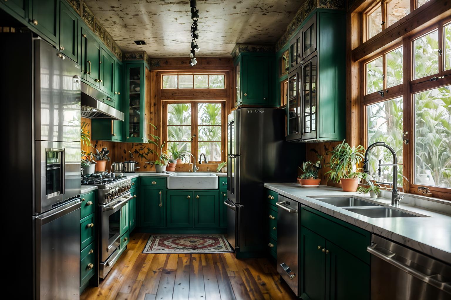 eclectic-style (kitchen interior) with refrigerator and sink and kitchen cabinets and stove and worktops and plant and refrigerator. . . cinematic photo, highly detailed, cinematic lighting, ultra-detailed, ultrarealistic, photorealism, 8k. eclectic interior design style. masterpiece, cinematic light, ultrarealistic+, photorealistic+, 8k, raw photo, realistic, sharp focus on eyes, (symmetrical eyes), (intact eyes), hyperrealistic, highest quality, best quality, , highly detailed, masterpiece, best quality, extremely detailed 8k wallpaper, masterpiece, best quality, ultra-detailed, best shadow, detailed background, detailed face, detailed eyes, high contrast, best illumination, detailed face, dulux, caustic, dynamic angle, detailed glow. dramatic lighting. highly detailed, insanely detailed hair, symmetrical, intricate details, professionally retouched, 8k high definition. strong bokeh. award winning photo.