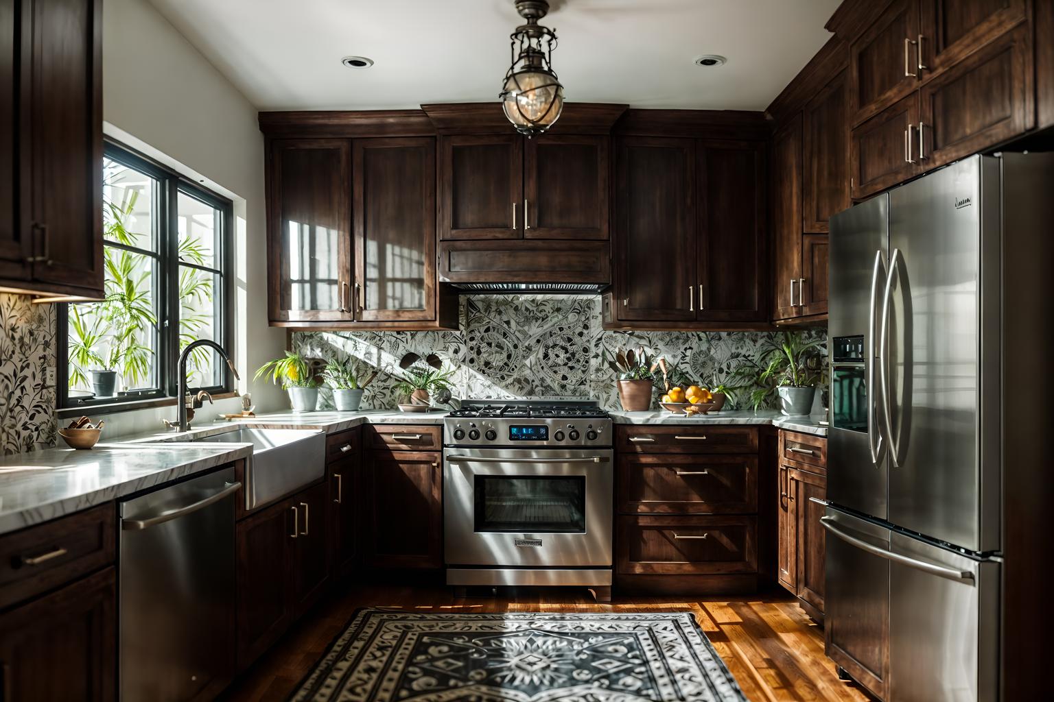 eclectic-style (kitchen interior) with refrigerator and sink and kitchen cabinets and stove and worktops and plant and refrigerator. . . cinematic photo, highly detailed, cinematic lighting, ultra-detailed, ultrarealistic, photorealism, 8k. eclectic interior design style. masterpiece, cinematic light, ultrarealistic+, photorealistic+, 8k, raw photo, realistic, sharp focus on eyes, (symmetrical eyes), (intact eyes), hyperrealistic, highest quality, best quality, , highly detailed, masterpiece, best quality, extremely detailed 8k wallpaper, masterpiece, best quality, ultra-detailed, best shadow, detailed background, detailed face, detailed eyes, high contrast, best illumination, detailed face, dulux, caustic, dynamic angle, detailed glow. dramatic lighting. highly detailed, insanely detailed hair, symmetrical, intricate details, professionally retouched, 8k high definition. strong bokeh. award winning photo.