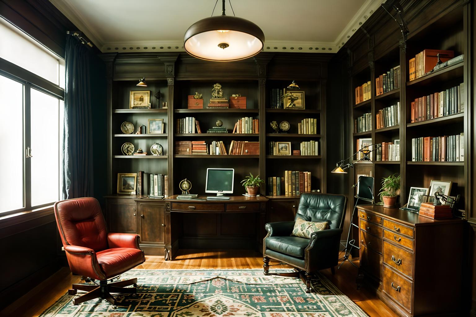 eclectic-style (study room interior) with desk lamp and lounge chair and bookshelves and cabinets and writing desk and office chair and plant and desk lamp. . . cinematic photo, highly detailed, cinematic lighting, ultra-detailed, ultrarealistic, photorealism, 8k. eclectic interior design style. masterpiece, cinematic light, ultrarealistic+, photorealistic+, 8k, raw photo, realistic, sharp focus on eyes, (symmetrical eyes), (intact eyes), hyperrealistic, highest quality, best quality, , highly detailed, masterpiece, best quality, extremely detailed 8k wallpaper, masterpiece, best quality, ultra-detailed, best shadow, detailed background, detailed face, detailed eyes, high contrast, best illumination, detailed face, dulux, caustic, dynamic angle, detailed glow. dramatic lighting. highly detailed, insanely detailed hair, symmetrical, intricate details, professionally retouched, 8k high definition. strong bokeh. award winning photo.