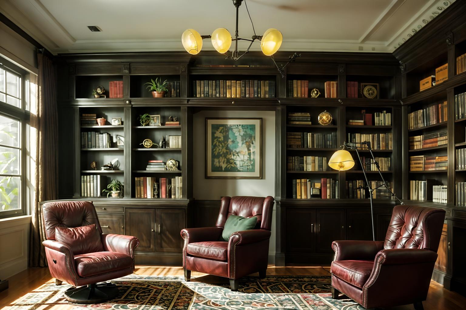 eclectic-style (study room interior) with desk lamp and lounge chair and bookshelves and cabinets and writing desk and office chair and plant and desk lamp. . . cinematic photo, highly detailed, cinematic lighting, ultra-detailed, ultrarealistic, photorealism, 8k. eclectic interior design style. masterpiece, cinematic light, ultrarealistic+, photorealistic+, 8k, raw photo, realistic, sharp focus on eyes, (symmetrical eyes), (intact eyes), hyperrealistic, highest quality, best quality, , highly detailed, masterpiece, best quality, extremely detailed 8k wallpaper, masterpiece, best quality, ultra-detailed, best shadow, detailed background, detailed face, detailed eyes, high contrast, best illumination, detailed face, dulux, caustic, dynamic angle, detailed glow. dramatic lighting. highly detailed, insanely detailed hair, symmetrical, intricate details, professionally retouched, 8k high definition. strong bokeh. award winning photo.