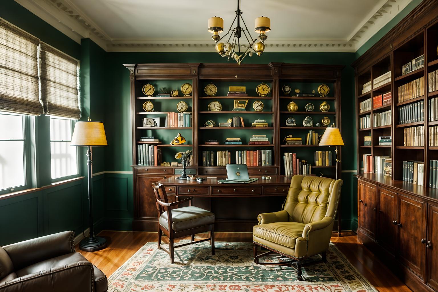 eclectic-style (study room interior) with desk lamp and lounge chair and bookshelves and cabinets and writing desk and office chair and plant and desk lamp. . . cinematic photo, highly detailed, cinematic lighting, ultra-detailed, ultrarealistic, photorealism, 8k. eclectic interior design style. masterpiece, cinematic light, ultrarealistic+, photorealistic+, 8k, raw photo, realistic, sharp focus on eyes, (symmetrical eyes), (intact eyes), hyperrealistic, highest quality, best quality, , highly detailed, masterpiece, best quality, extremely detailed 8k wallpaper, masterpiece, best quality, ultra-detailed, best shadow, detailed background, detailed face, detailed eyes, high contrast, best illumination, detailed face, dulux, caustic, dynamic angle, detailed glow. dramatic lighting. highly detailed, insanely detailed hair, symmetrical, intricate details, professionally retouched, 8k high definition. strong bokeh. award winning photo.