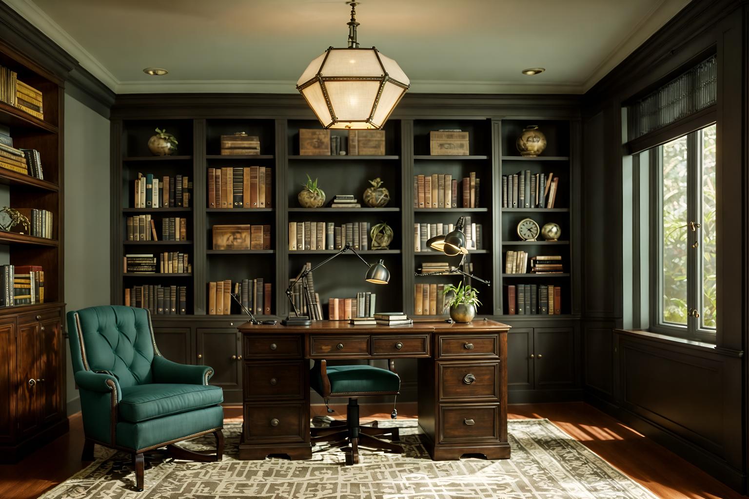 eclectic-style (study room interior) with desk lamp and lounge chair and bookshelves and cabinets and writing desk and office chair and plant and desk lamp. . . cinematic photo, highly detailed, cinematic lighting, ultra-detailed, ultrarealistic, photorealism, 8k. eclectic interior design style. masterpiece, cinematic light, ultrarealistic+, photorealistic+, 8k, raw photo, realistic, sharp focus on eyes, (symmetrical eyes), (intact eyes), hyperrealistic, highest quality, best quality, , highly detailed, masterpiece, best quality, extremely detailed 8k wallpaper, masterpiece, best quality, ultra-detailed, best shadow, detailed background, detailed face, detailed eyes, high contrast, best illumination, detailed face, dulux, caustic, dynamic angle, detailed glow. dramatic lighting. highly detailed, insanely detailed hair, symmetrical, intricate details, professionally retouched, 8k high definition. strong bokeh. award winning photo.