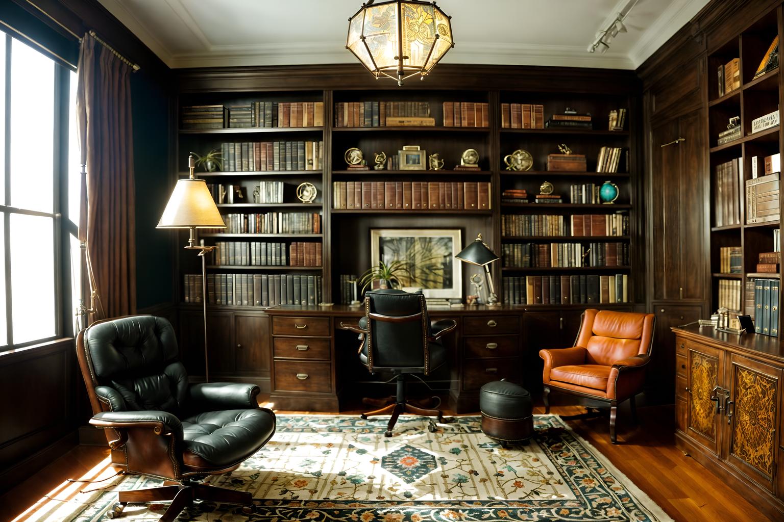 eclectic-style (study room interior) with desk lamp and lounge chair and bookshelves and cabinets and writing desk and office chair and plant and desk lamp. . . cinematic photo, highly detailed, cinematic lighting, ultra-detailed, ultrarealistic, photorealism, 8k. eclectic interior design style. masterpiece, cinematic light, ultrarealistic+, photorealistic+, 8k, raw photo, realistic, sharp focus on eyes, (symmetrical eyes), (intact eyes), hyperrealistic, highest quality, best quality, , highly detailed, masterpiece, best quality, extremely detailed 8k wallpaper, masterpiece, best quality, ultra-detailed, best shadow, detailed background, detailed face, detailed eyes, high contrast, best illumination, detailed face, dulux, caustic, dynamic angle, detailed glow. dramatic lighting. highly detailed, insanely detailed hair, symmetrical, intricate details, professionally retouched, 8k high definition. strong bokeh. award winning photo.