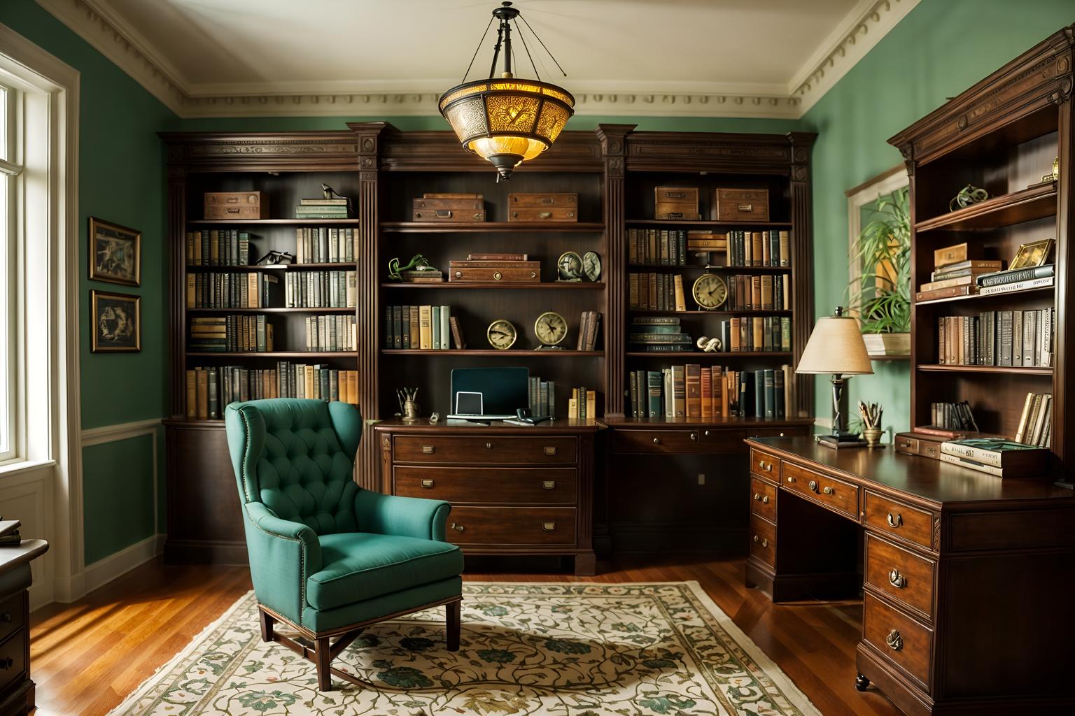 eclectic-style (study room interior) with desk lamp and lounge chair and bookshelves and cabinets and writing desk and office chair and plant and desk lamp. . . cinematic photo, highly detailed, cinematic lighting, ultra-detailed, ultrarealistic, photorealism, 8k. eclectic interior design style. masterpiece, cinematic light, ultrarealistic+, photorealistic+, 8k, raw photo, realistic, sharp focus on eyes, (symmetrical eyes), (intact eyes), hyperrealistic, highest quality, best quality, , highly detailed, masterpiece, best quality, extremely detailed 8k wallpaper, masterpiece, best quality, ultra-detailed, best shadow, detailed background, detailed face, detailed eyes, high contrast, best illumination, detailed face, dulux, caustic, dynamic angle, detailed glow. dramatic lighting. highly detailed, insanely detailed hair, symmetrical, intricate details, professionally retouched, 8k high definition. strong bokeh. award winning photo.