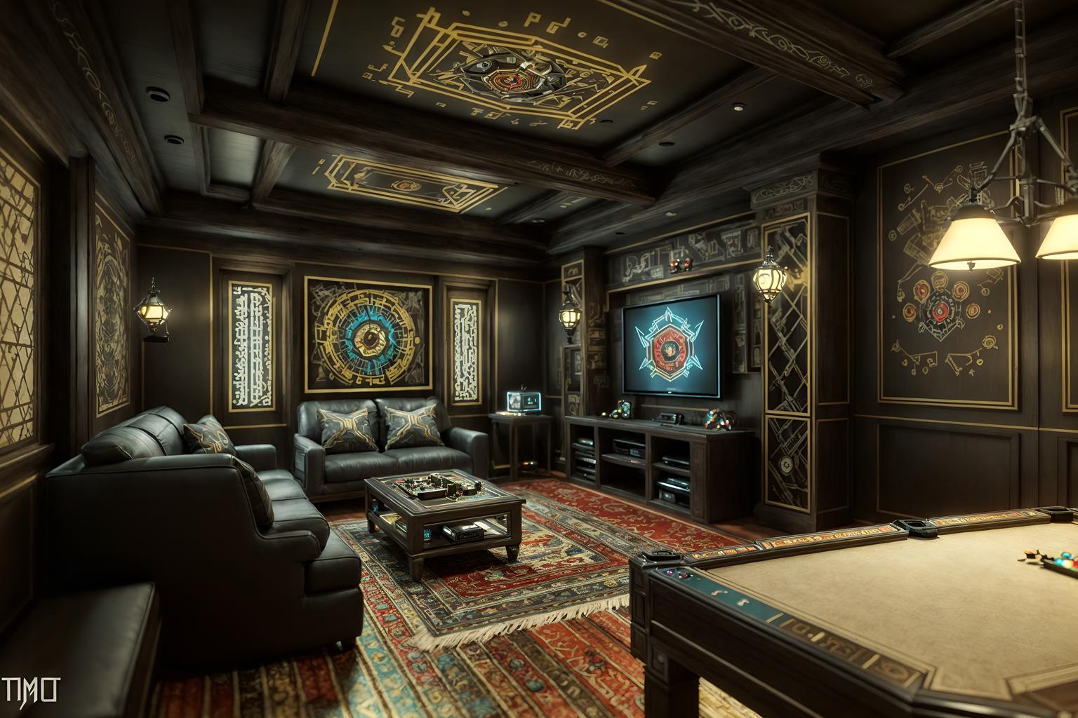 eclectic-style (gaming room interior) . . cinematic photo, highly detailed, cinematic lighting, ultra-detailed, ultrarealistic, photorealism, 8k. eclectic interior design style. masterpiece, cinematic light, ultrarealistic+, photorealistic+, 8k, raw photo, realistic, sharp focus on eyes, (symmetrical eyes), (intact eyes), hyperrealistic, highest quality, best quality, , highly detailed, masterpiece, best quality, extremely detailed 8k wallpaper, masterpiece, best quality, ultra-detailed, best shadow, detailed background, detailed face, detailed eyes, high contrast, best illumination, detailed face, dulux, caustic, dynamic angle, detailed glow. dramatic lighting. highly detailed, insanely detailed hair, symmetrical, intricate details, professionally retouched, 8k high definition. strong bokeh. award winning photo.