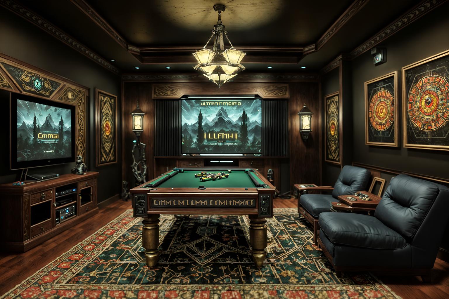 eclectic-style (gaming room interior) . . cinematic photo, highly detailed, cinematic lighting, ultra-detailed, ultrarealistic, photorealism, 8k. eclectic interior design style. masterpiece, cinematic light, ultrarealistic+, photorealistic+, 8k, raw photo, realistic, sharp focus on eyes, (symmetrical eyes), (intact eyes), hyperrealistic, highest quality, best quality, , highly detailed, masterpiece, best quality, extremely detailed 8k wallpaper, masterpiece, best quality, ultra-detailed, best shadow, detailed background, detailed face, detailed eyes, high contrast, best illumination, detailed face, dulux, caustic, dynamic angle, detailed glow. dramatic lighting. highly detailed, insanely detailed hair, symmetrical, intricate details, professionally retouched, 8k high definition. strong bokeh. award winning photo.