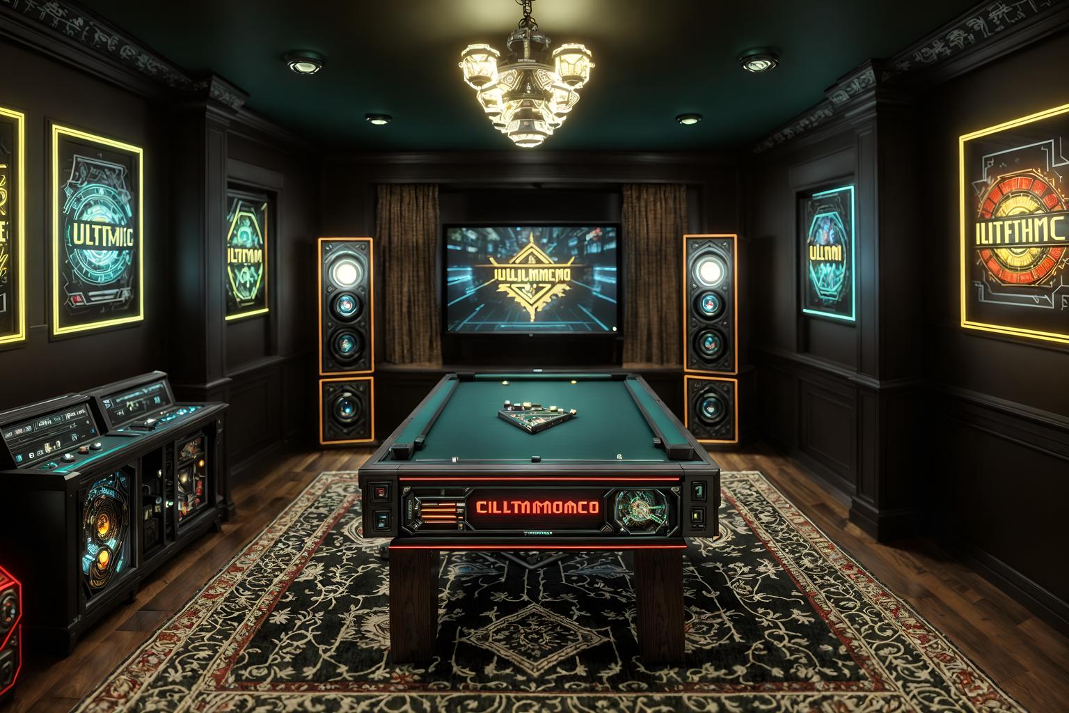 eclectic-style (gaming room interior) . . cinematic photo, highly detailed, cinematic lighting, ultra-detailed, ultrarealistic, photorealism, 8k. eclectic interior design style. masterpiece, cinematic light, ultrarealistic+, photorealistic+, 8k, raw photo, realistic, sharp focus on eyes, (symmetrical eyes), (intact eyes), hyperrealistic, highest quality, best quality, , highly detailed, masterpiece, best quality, extremely detailed 8k wallpaper, masterpiece, best quality, ultra-detailed, best shadow, detailed background, detailed face, detailed eyes, high contrast, best illumination, detailed face, dulux, caustic, dynamic angle, detailed glow. dramatic lighting. highly detailed, insanely detailed hair, symmetrical, intricate details, professionally retouched, 8k high definition. strong bokeh. award winning photo.