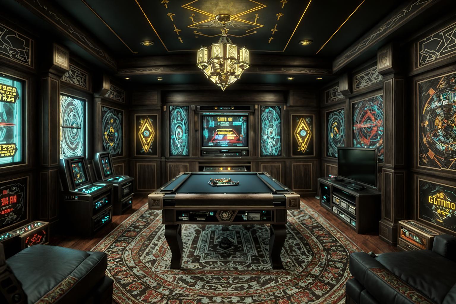 eclectic-style (gaming room interior) . . cinematic photo, highly detailed, cinematic lighting, ultra-detailed, ultrarealistic, photorealism, 8k. eclectic interior design style. masterpiece, cinematic light, ultrarealistic+, photorealistic+, 8k, raw photo, realistic, sharp focus on eyes, (symmetrical eyes), (intact eyes), hyperrealistic, highest quality, best quality, , highly detailed, masterpiece, best quality, extremely detailed 8k wallpaper, masterpiece, best quality, ultra-detailed, best shadow, detailed background, detailed face, detailed eyes, high contrast, best illumination, detailed face, dulux, caustic, dynamic angle, detailed glow. dramatic lighting. highly detailed, insanely detailed hair, symmetrical, intricate details, professionally retouched, 8k high definition. strong bokeh. award winning photo.