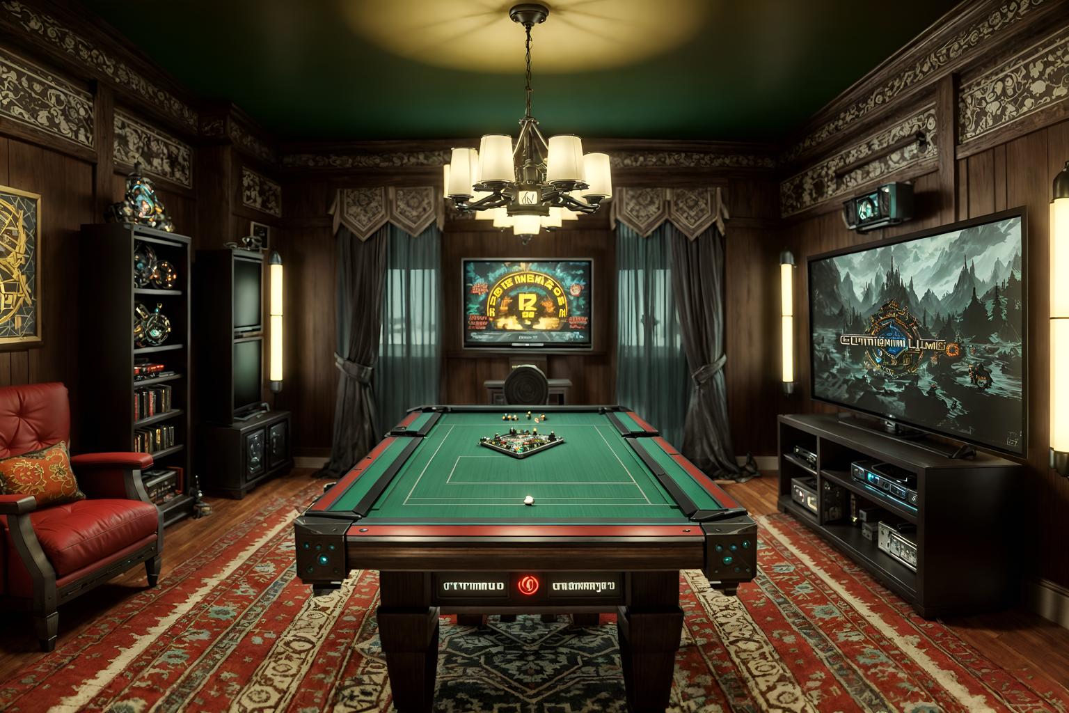 eclectic-style (gaming room interior) . . cinematic photo, highly detailed, cinematic lighting, ultra-detailed, ultrarealistic, photorealism, 8k. eclectic interior design style. masterpiece, cinematic light, ultrarealistic+, photorealistic+, 8k, raw photo, realistic, sharp focus on eyes, (symmetrical eyes), (intact eyes), hyperrealistic, highest quality, best quality, , highly detailed, masterpiece, best quality, extremely detailed 8k wallpaper, masterpiece, best quality, ultra-detailed, best shadow, detailed background, detailed face, detailed eyes, high contrast, best illumination, detailed face, dulux, caustic, dynamic angle, detailed glow. dramatic lighting. highly detailed, insanely detailed hair, symmetrical, intricate details, professionally retouched, 8k high definition. strong bokeh. award winning photo.