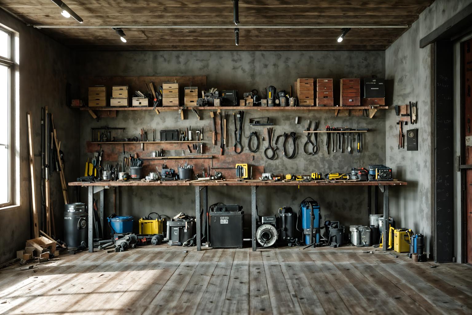 contemporary-style (workshop interior) with tool wall and messy and wooden workbench and tool wall. . with . . cinematic photo, highly detailed, cinematic lighting, ultra-detailed, ultrarealistic, photorealism, 8k. contemporary interior design style. masterpiece, cinematic light, ultrarealistic+, photorealistic+, 8k, raw photo, realistic, sharp focus on eyes, (symmetrical eyes), (intact eyes), hyperrealistic, highest quality, best quality, , highly detailed, masterpiece, best quality, extremely detailed 8k wallpaper, masterpiece, best quality, ultra-detailed, best shadow, detailed background, detailed face, detailed eyes, high contrast, best illumination, detailed face, dulux, caustic, dynamic angle, detailed glow. dramatic lighting. highly detailed, insanely detailed hair, symmetrical, intricate details, professionally retouched, 8k high definition. strong bokeh. award winning photo.