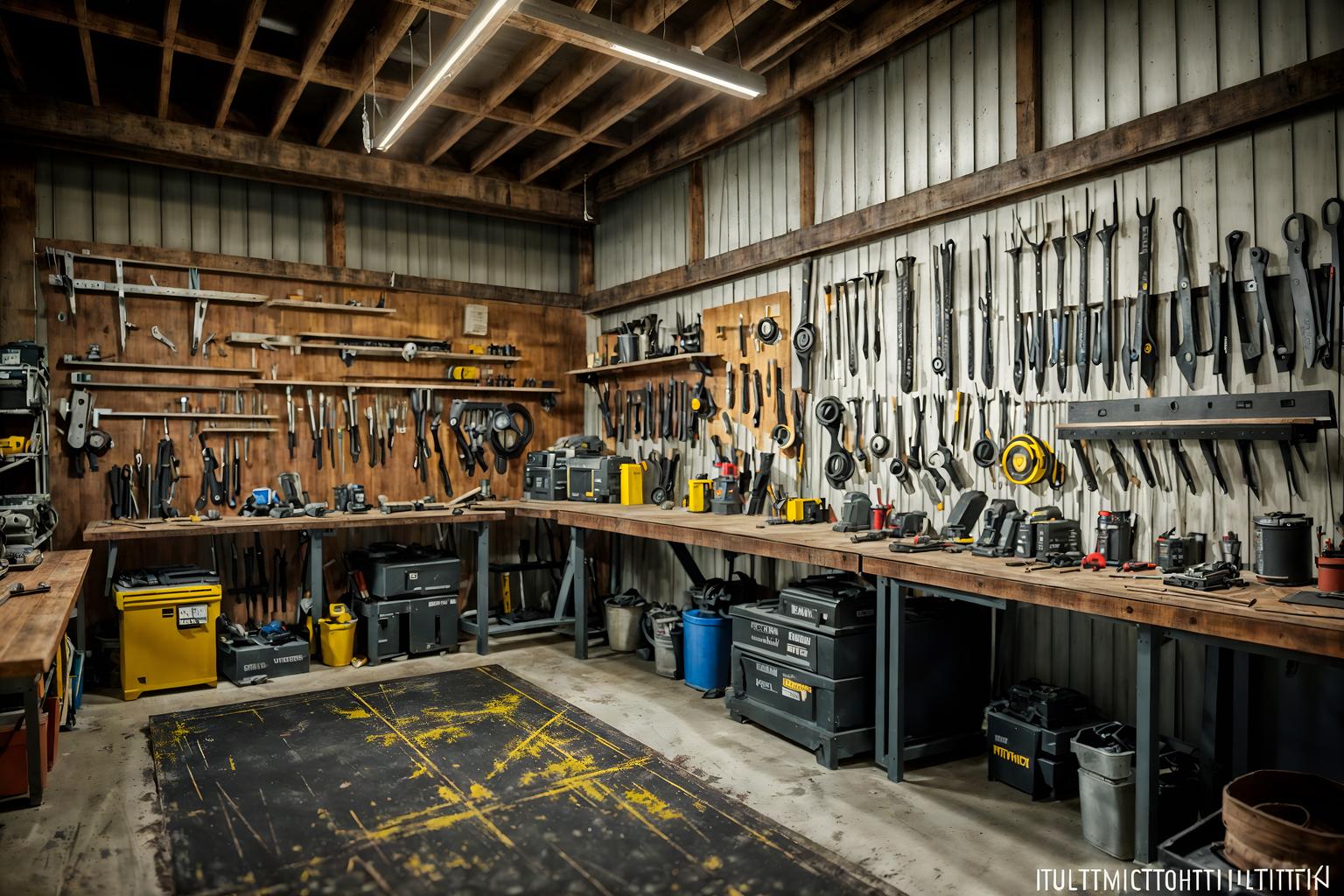 contemporary-style (workshop interior) with tool wall and messy and wooden workbench and tool wall. . with . . cinematic photo, highly detailed, cinematic lighting, ultra-detailed, ultrarealistic, photorealism, 8k. contemporary interior design style. masterpiece, cinematic light, ultrarealistic+, photorealistic+, 8k, raw photo, realistic, sharp focus on eyes, (symmetrical eyes), (intact eyes), hyperrealistic, highest quality, best quality, , highly detailed, masterpiece, best quality, extremely detailed 8k wallpaper, masterpiece, best quality, ultra-detailed, best shadow, detailed background, detailed face, detailed eyes, high contrast, best illumination, detailed face, dulux, caustic, dynamic angle, detailed glow. dramatic lighting. highly detailed, insanely detailed hair, symmetrical, intricate details, professionally retouched, 8k high definition. strong bokeh. award winning photo.