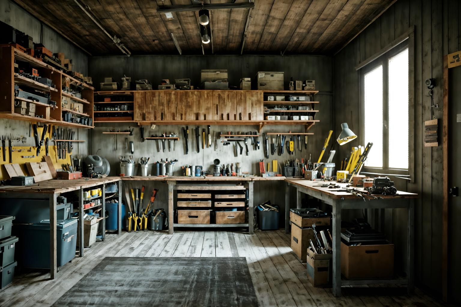 contemporary-style (workshop interior) with tool wall and messy and wooden workbench and tool wall. . with . . cinematic photo, highly detailed, cinematic lighting, ultra-detailed, ultrarealistic, photorealism, 8k. contemporary interior design style. masterpiece, cinematic light, ultrarealistic+, photorealistic+, 8k, raw photo, realistic, sharp focus on eyes, (symmetrical eyes), (intact eyes), hyperrealistic, highest quality, best quality, , highly detailed, masterpiece, best quality, extremely detailed 8k wallpaper, masterpiece, best quality, ultra-detailed, best shadow, detailed background, detailed face, detailed eyes, high contrast, best illumination, detailed face, dulux, caustic, dynamic angle, detailed glow. dramatic lighting. highly detailed, insanely detailed hair, symmetrical, intricate details, professionally retouched, 8k high definition. strong bokeh. award winning photo.