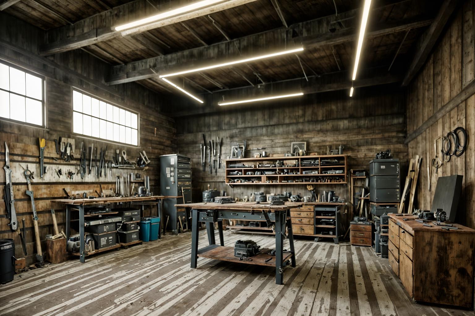 contemporary-style (workshop interior) with tool wall and messy and wooden workbench and tool wall. . with . . cinematic photo, highly detailed, cinematic lighting, ultra-detailed, ultrarealistic, photorealism, 8k. contemporary interior design style. masterpiece, cinematic light, ultrarealistic+, photorealistic+, 8k, raw photo, realistic, sharp focus on eyes, (symmetrical eyes), (intact eyes), hyperrealistic, highest quality, best quality, , highly detailed, masterpiece, best quality, extremely detailed 8k wallpaper, masterpiece, best quality, ultra-detailed, best shadow, detailed background, detailed face, detailed eyes, high contrast, best illumination, detailed face, dulux, caustic, dynamic angle, detailed glow. dramatic lighting. highly detailed, insanely detailed hair, symmetrical, intricate details, professionally retouched, 8k high definition. strong bokeh. award winning photo.