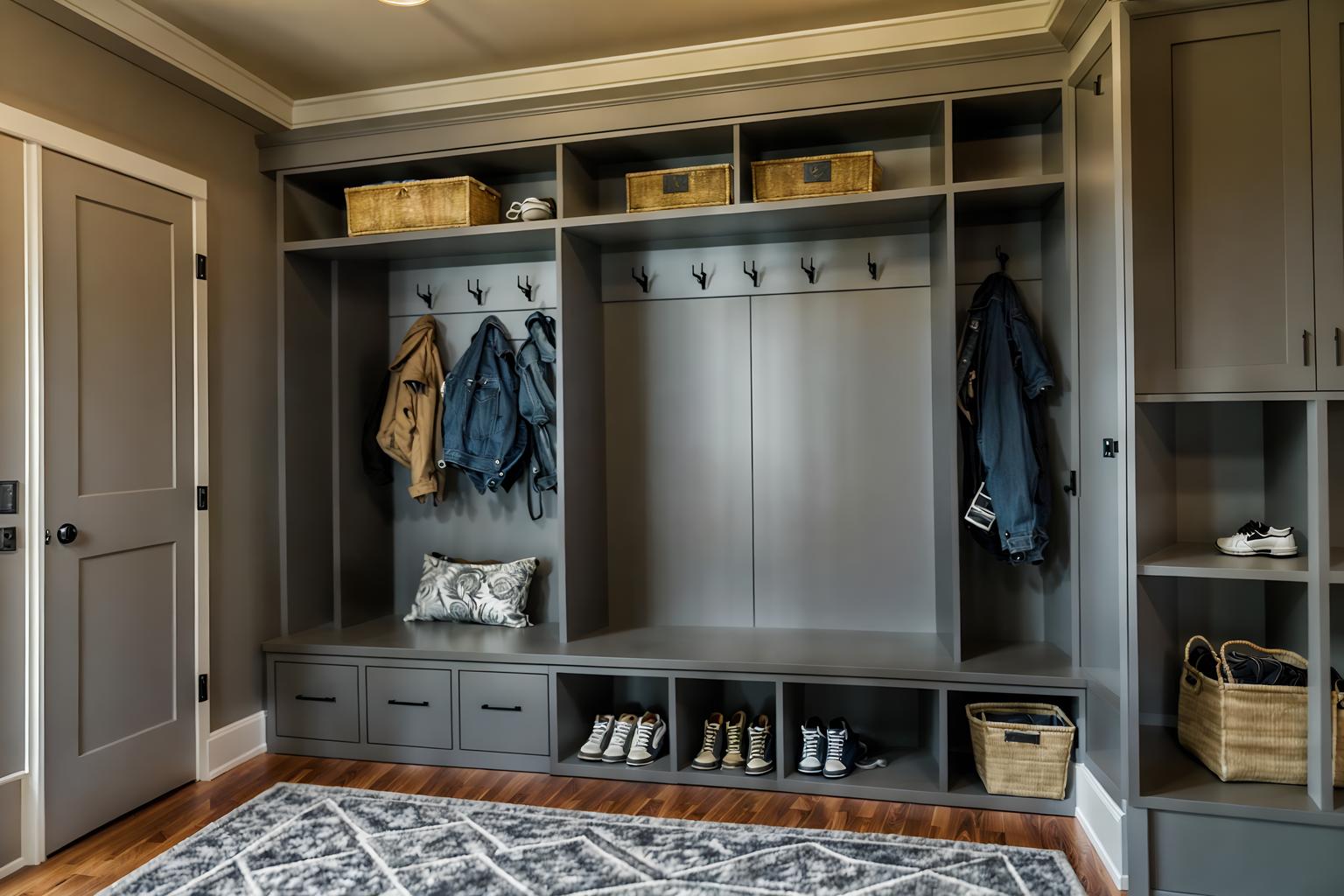 contemporary-style (mudroom interior) with wall hooks for coats and a bench and cabinets and storage drawers and storage baskets and high up storage and cubbies and shelves for shoes. . with . . cinematic photo, highly detailed, cinematic lighting, ultra-detailed, ultrarealistic, photorealism, 8k. contemporary interior design style. masterpiece, cinematic light, ultrarealistic+, photorealistic+, 8k, raw photo, realistic, sharp focus on eyes, (symmetrical eyes), (intact eyes), hyperrealistic, highest quality, best quality, , highly detailed, masterpiece, best quality, extremely detailed 8k wallpaper, masterpiece, best quality, ultra-detailed, best shadow, detailed background, detailed face, detailed eyes, high contrast, best illumination, detailed face, dulux, caustic, dynamic angle, detailed glow. dramatic lighting. highly detailed, insanely detailed hair, symmetrical, intricate details, professionally retouched, 8k high definition. strong bokeh. award winning photo.