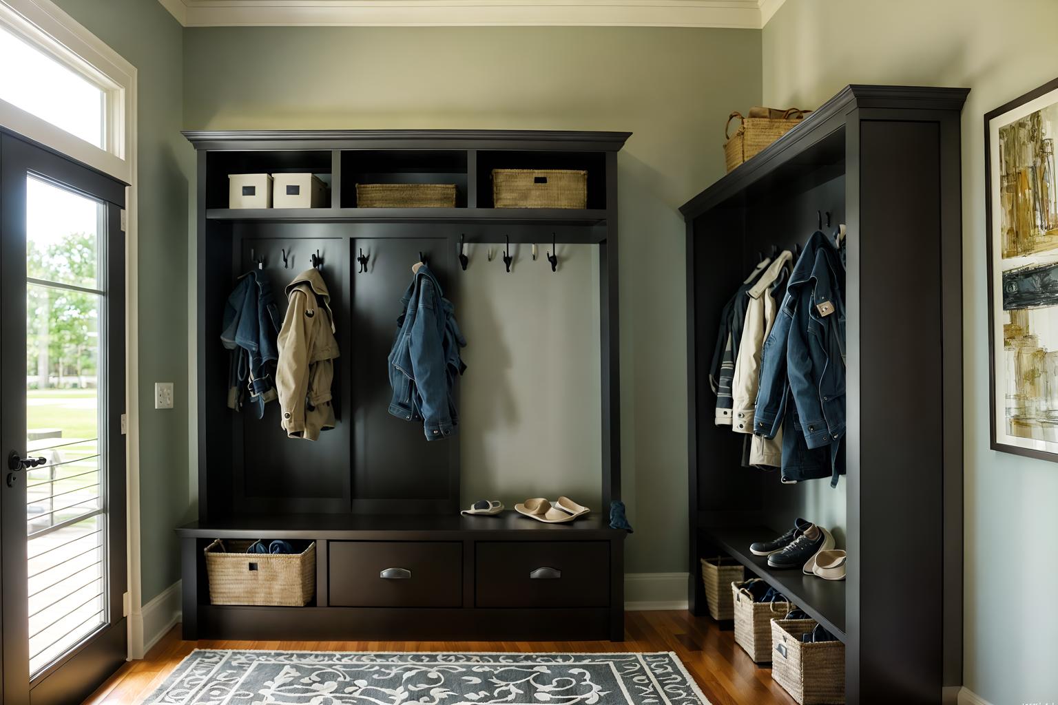 contemporary-style (mudroom interior) with wall hooks for coats and a bench and cabinets and storage drawers and storage baskets and high up storage and cubbies and shelves for shoes. . with . . cinematic photo, highly detailed, cinematic lighting, ultra-detailed, ultrarealistic, photorealism, 8k. contemporary interior design style. masterpiece, cinematic light, ultrarealistic+, photorealistic+, 8k, raw photo, realistic, sharp focus on eyes, (symmetrical eyes), (intact eyes), hyperrealistic, highest quality, best quality, , highly detailed, masterpiece, best quality, extremely detailed 8k wallpaper, masterpiece, best quality, ultra-detailed, best shadow, detailed background, detailed face, detailed eyes, high contrast, best illumination, detailed face, dulux, caustic, dynamic angle, detailed glow. dramatic lighting. highly detailed, insanely detailed hair, symmetrical, intricate details, professionally retouched, 8k high definition. strong bokeh. award winning photo.