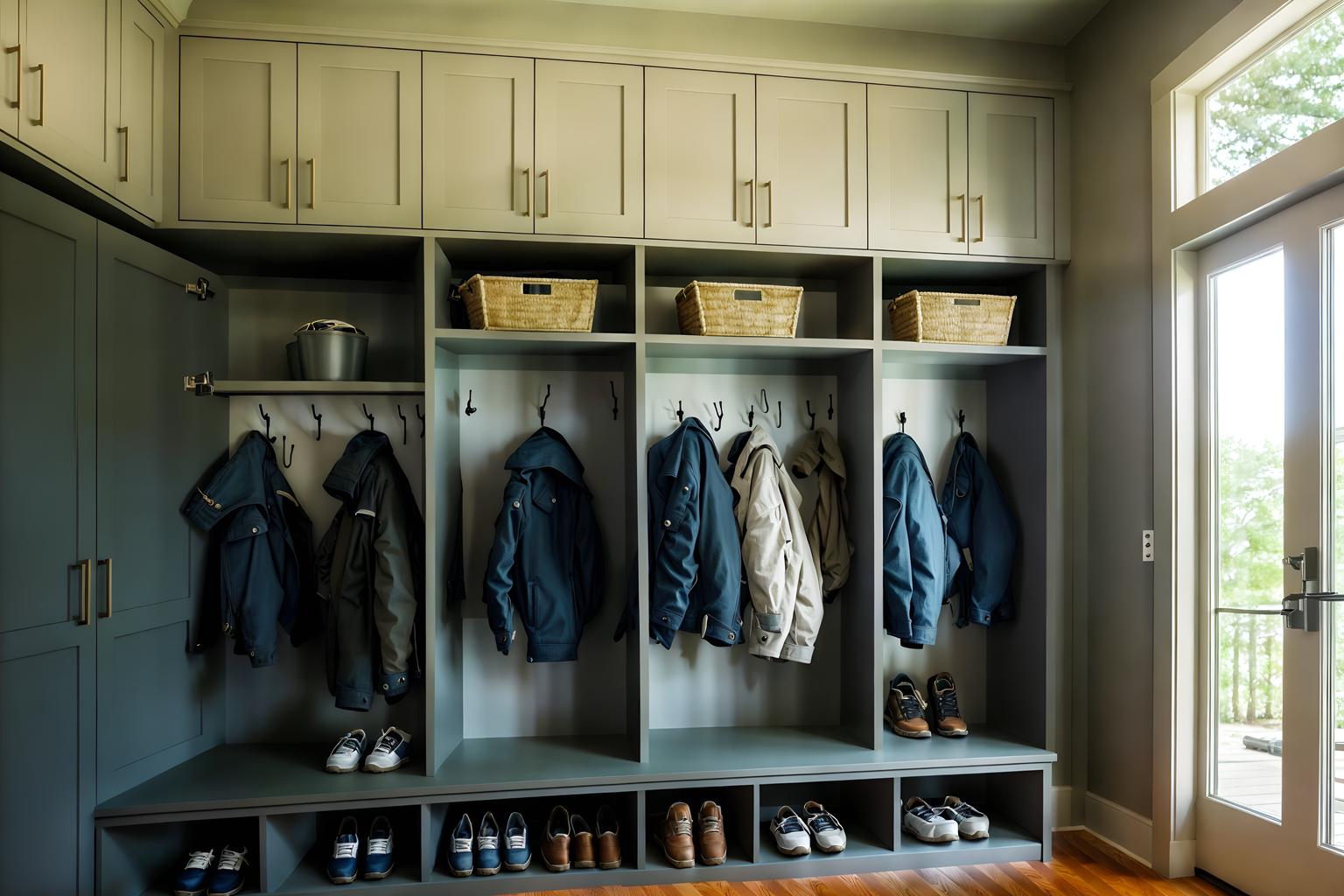 contemporary-style (mudroom interior) with wall hooks for coats and a bench and cabinets and storage drawers and storage baskets and high up storage and cubbies and shelves for shoes. . with . . cinematic photo, highly detailed, cinematic lighting, ultra-detailed, ultrarealistic, photorealism, 8k. contemporary interior design style. masterpiece, cinematic light, ultrarealistic+, photorealistic+, 8k, raw photo, realistic, sharp focus on eyes, (symmetrical eyes), (intact eyes), hyperrealistic, highest quality, best quality, , highly detailed, masterpiece, best quality, extremely detailed 8k wallpaper, masterpiece, best quality, ultra-detailed, best shadow, detailed background, detailed face, detailed eyes, high contrast, best illumination, detailed face, dulux, caustic, dynamic angle, detailed glow. dramatic lighting. highly detailed, insanely detailed hair, symmetrical, intricate details, professionally retouched, 8k high definition. strong bokeh. award winning photo.