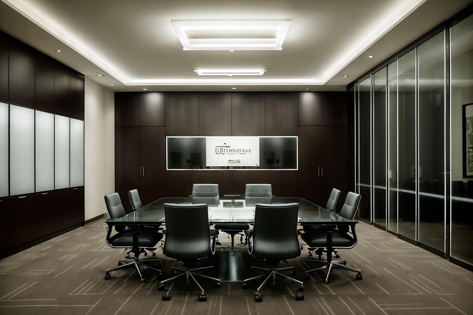 contemporary-style (meeting room interior) with glass doors and cabinets and vase and office chairs and plant and boardroom table and painting or photo on wall and glass walls. . with . . cinematic photo, highly detailed, cinematic lighting, ultra-detailed, ultrarealistic, photorealism, 8k. contemporary interior design style. masterpiece, cinematic light, ultrarealistic+, photorealistic+, 8k, raw photo, realistic, sharp focus on eyes, (symmetrical eyes), (intact eyes), hyperrealistic, highest quality, best quality, , highly detailed, masterpiece, best quality, extremely detailed 8k wallpaper, masterpiece, best quality, ultra-detailed, best shadow, detailed background, detailed face, detailed eyes, high contrast, best illumination, detailed face, dulux, caustic, dynamic angle, detailed glow. dramatic lighting. highly detailed, insanely detailed hair, symmetrical, intricate details, professionally retouched, 8k high definition. strong bokeh. award winning photo.