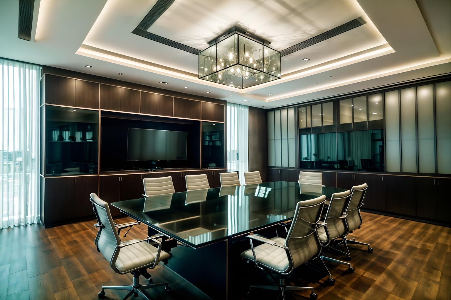 contemporary-style (meeting room interior) with glass doors and cabinets and vase and office chairs and plant and boardroom table and painting or photo on wall and glass walls. . with . . cinematic photo, highly detailed, cinematic lighting, ultra-detailed, ultrarealistic, photorealism, 8k. contemporary interior design style. masterpiece, cinematic light, ultrarealistic+, photorealistic+, 8k, raw photo, realistic, sharp focus on eyes, (symmetrical eyes), (intact eyes), hyperrealistic, highest quality, best quality, , highly detailed, masterpiece, best quality, extremely detailed 8k wallpaper, masterpiece, best quality, ultra-detailed, best shadow, detailed background, detailed face, detailed eyes, high contrast, best illumination, detailed face, dulux, caustic, dynamic angle, detailed glow. dramatic lighting. highly detailed, insanely detailed hair, symmetrical, intricate details, professionally retouched, 8k high definition. strong bokeh. award winning photo.