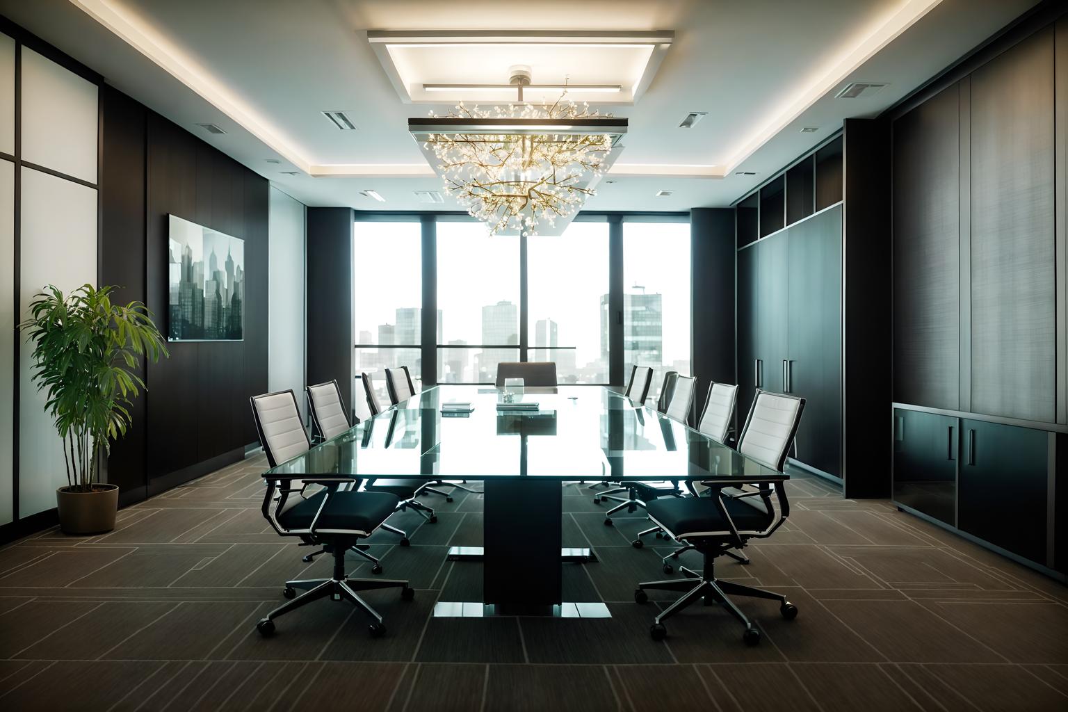 contemporary-style (meeting room interior) with glass doors and cabinets and vase and office chairs and plant and boardroom table and painting or photo on wall and glass walls. . with . . cinematic photo, highly detailed, cinematic lighting, ultra-detailed, ultrarealistic, photorealism, 8k. contemporary interior design style. masterpiece, cinematic light, ultrarealistic+, photorealistic+, 8k, raw photo, realistic, sharp focus on eyes, (symmetrical eyes), (intact eyes), hyperrealistic, highest quality, best quality, , highly detailed, masterpiece, best quality, extremely detailed 8k wallpaper, masterpiece, best quality, ultra-detailed, best shadow, detailed background, detailed face, detailed eyes, high contrast, best illumination, detailed face, dulux, caustic, dynamic angle, detailed glow. dramatic lighting. highly detailed, insanely detailed hair, symmetrical, intricate details, professionally retouched, 8k high definition. strong bokeh. award winning photo.