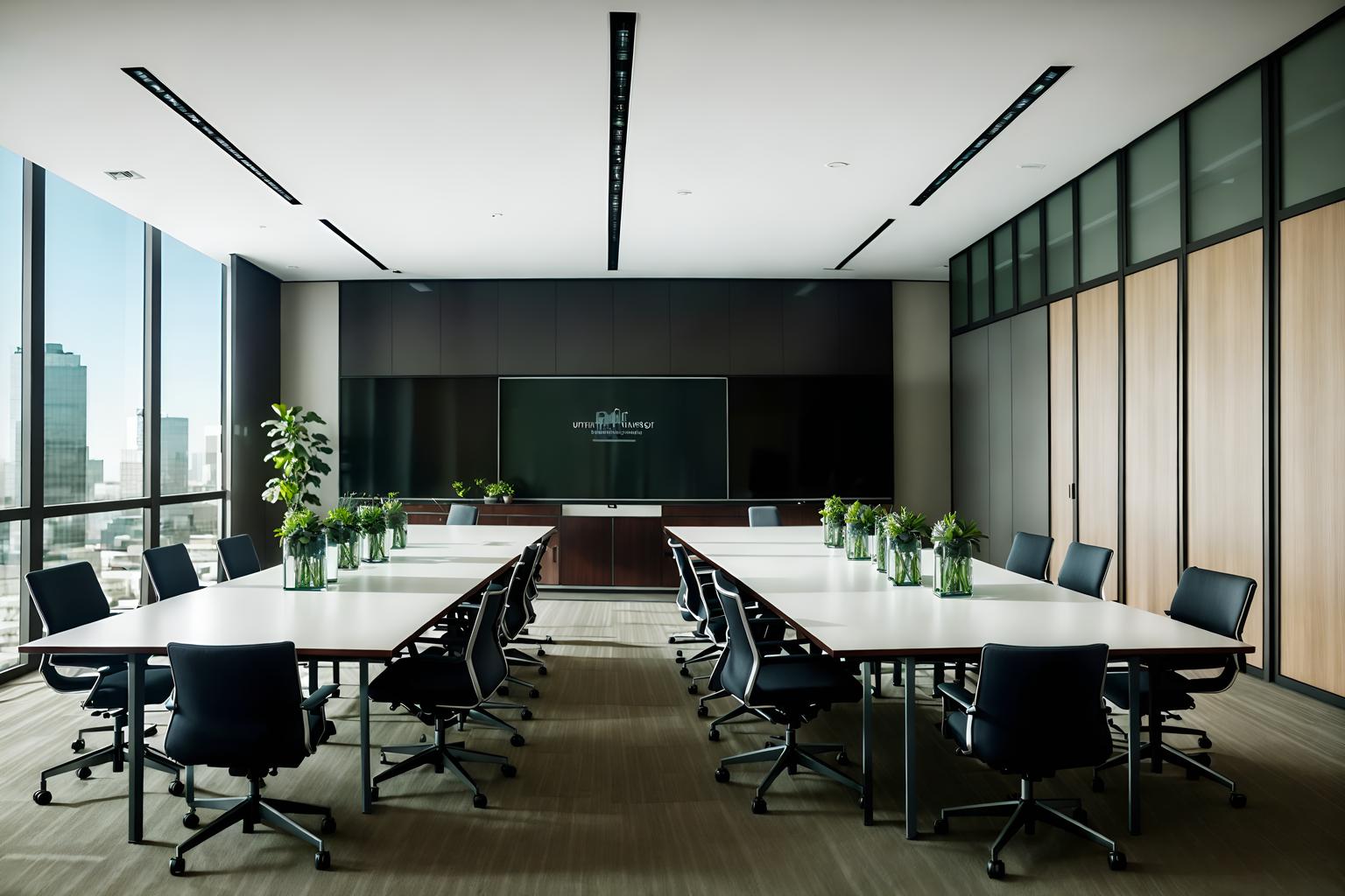 contemporary-style (meeting room interior) with glass doors and cabinets and vase and office chairs and plant and boardroom table and painting or photo on wall and glass walls. . with . . cinematic photo, highly detailed, cinematic lighting, ultra-detailed, ultrarealistic, photorealism, 8k. contemporary interior design style. masterpiece, cinematic light, ultrarealistic+, photorealistic+, 8k, raw photo, realistic, sharp focus on eyes, (symmetrical eyes), (intact eyes), hyperrealistic, highest quality, best quality, , highly detailed, masterpiece, best quality, extremely detailed 8k wallpaper, masterpiece, best quality, ultra-detailed, best shadow, detailed background, detailed face, detailed eyes, high contrast, best illumination, detailed face, dulux, caustic, dynamic angle, detailed glow. dramatic lighting. highly detailed, insanely detailed hair, symmetrical, intricate details, professionally retouched, 8k high definition. strong bokeh. award winning photo.